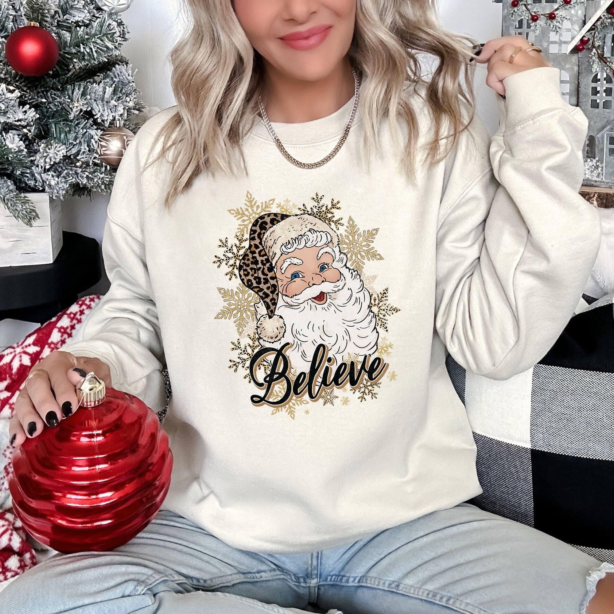 Retro Santa Believe Christmas Leopard Print Cozy Fleece Festive Classic Warm Holiday Sweatshirt