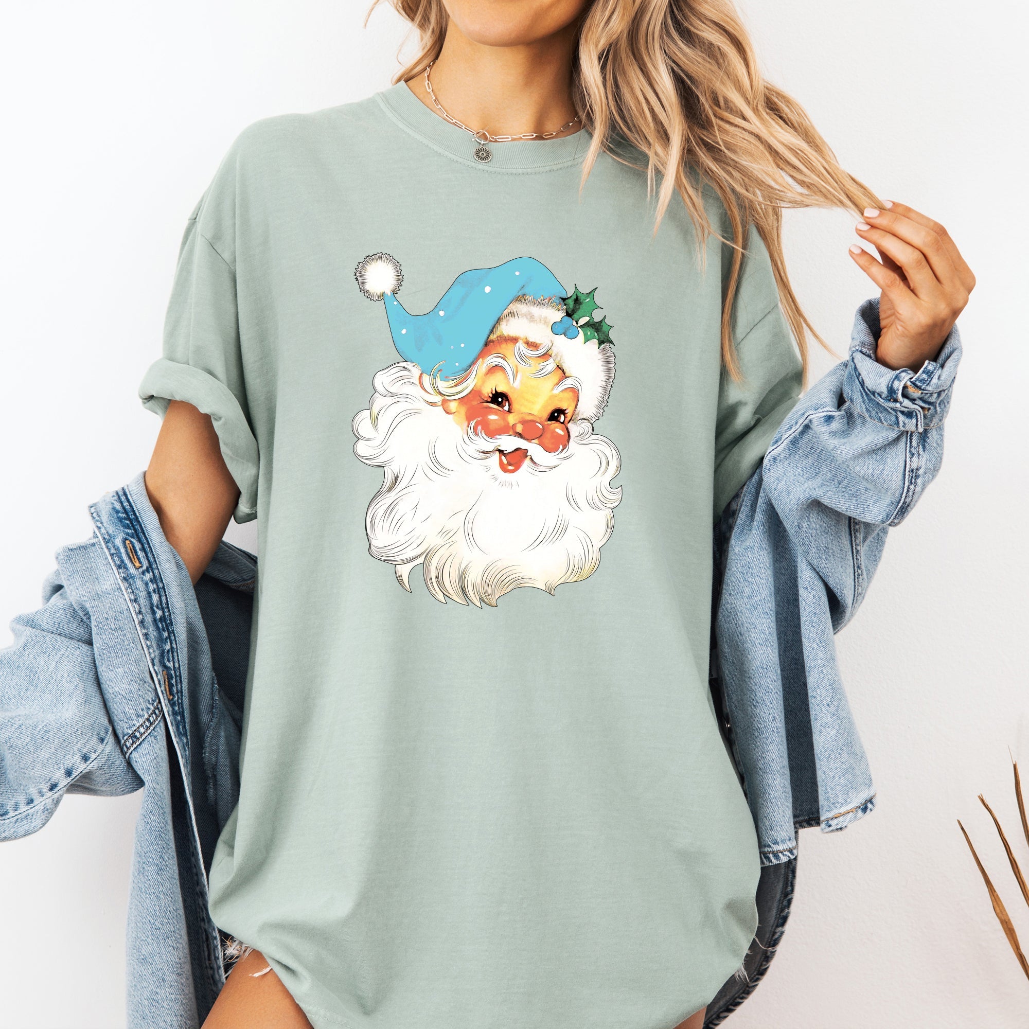 Retro Santa Blue Classic Twinkle Christmas Winter Xmas Vintage Style Comfort Colors Tee