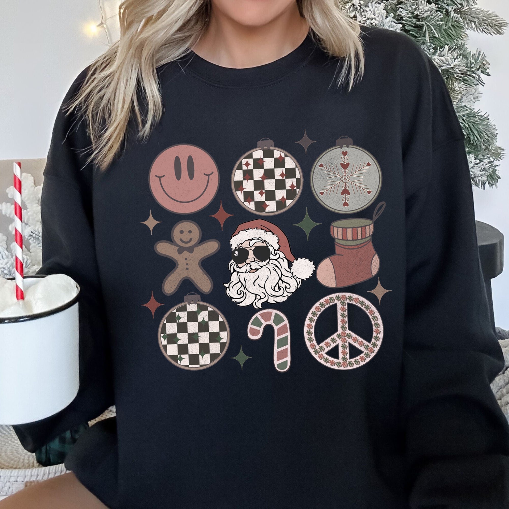 Retro Santa Christmas Peace Snowflake Cozy Fleece Winter Holiday Festive Sweatshirt