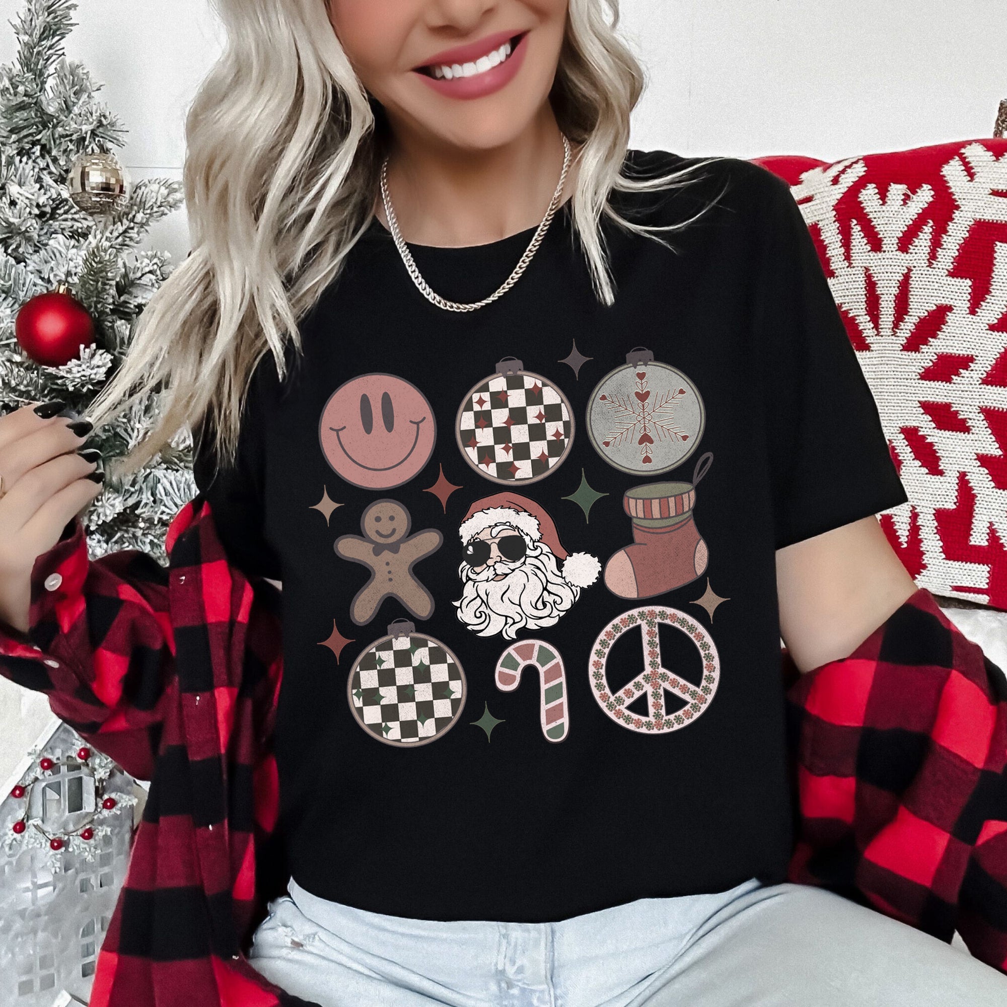 Retro Santa Christmas Peace Snowflake Vintage Hippie Decorations Holiday Edition Graphic Tee