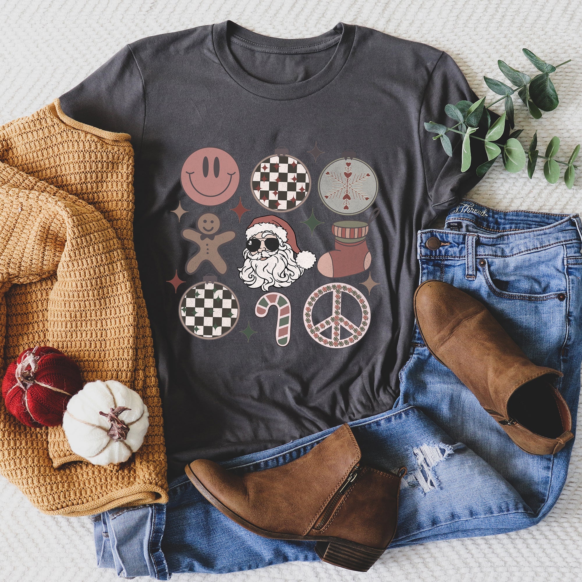 Retro Santa Christmas Peace Snowflake Vintage Hippie Decorations Holiday Edition Graphic Tee
