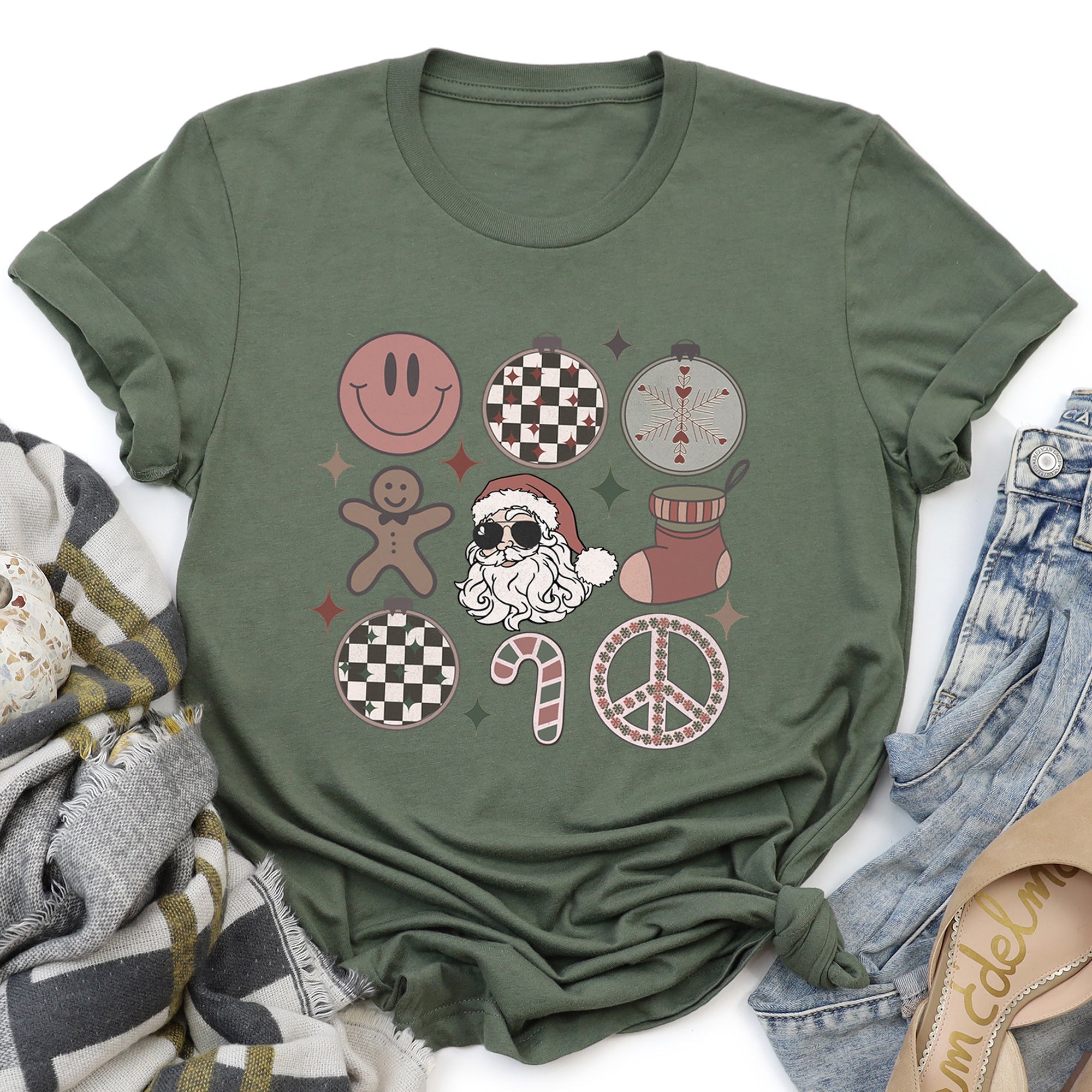 Retro Santa Christmas Peace Snowflake Vintage Hippie Decorations Holiday Edition Graphic Tee