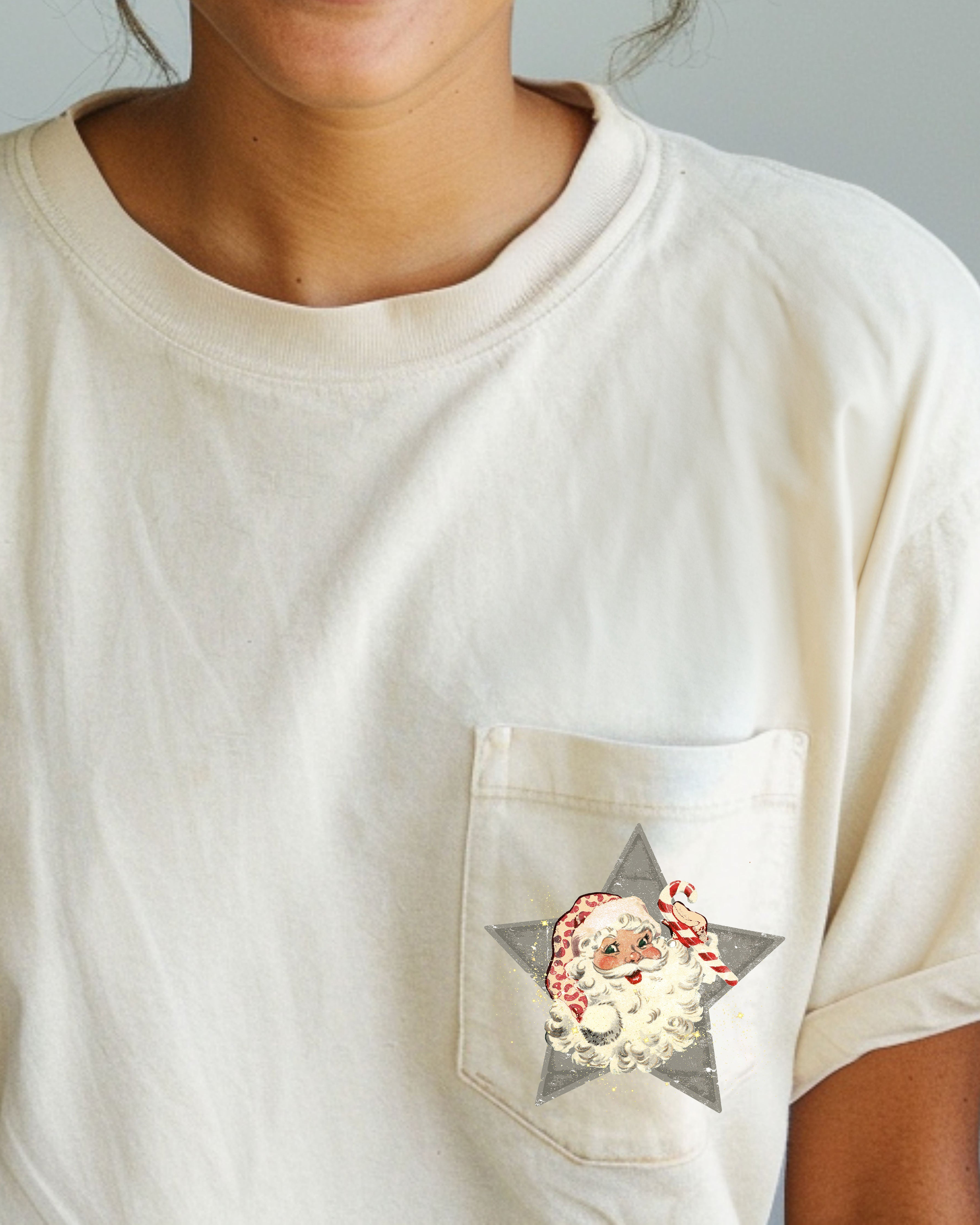 Retro Santa Green Star Christmas Snow Xmas Pocket Scene Vintage Holiday Cheer Comfort Colors Tee