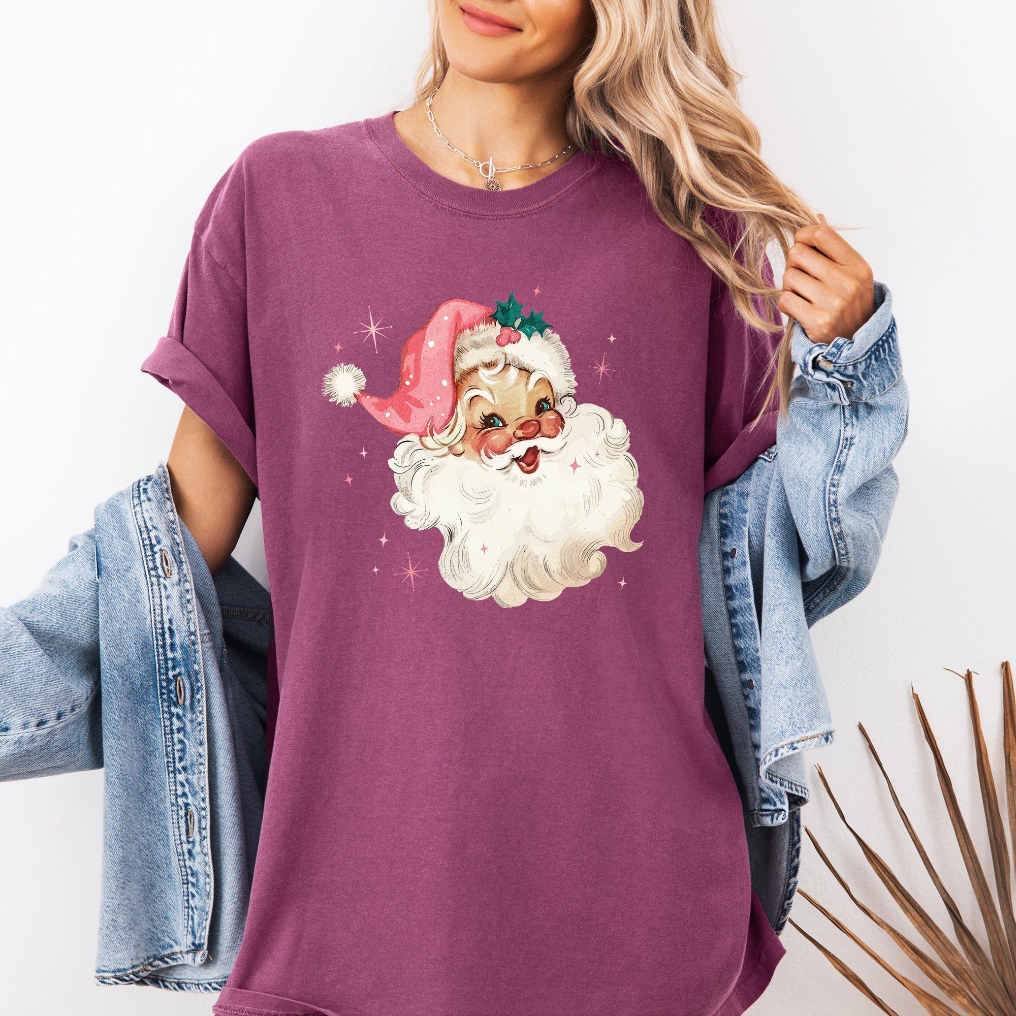 Retro Santa Pink Christmas Sparkles Vintage Winter Snow Xmas Festive Holiday Cheer Comfort Colors Tee