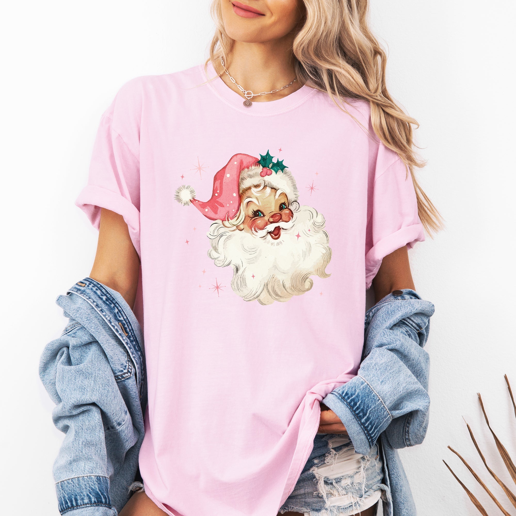 Retro Santa Pink Christmas Sparkles Vintage Winter Snow Xmas Festive Holiday Cheer Comfort Colors Tee