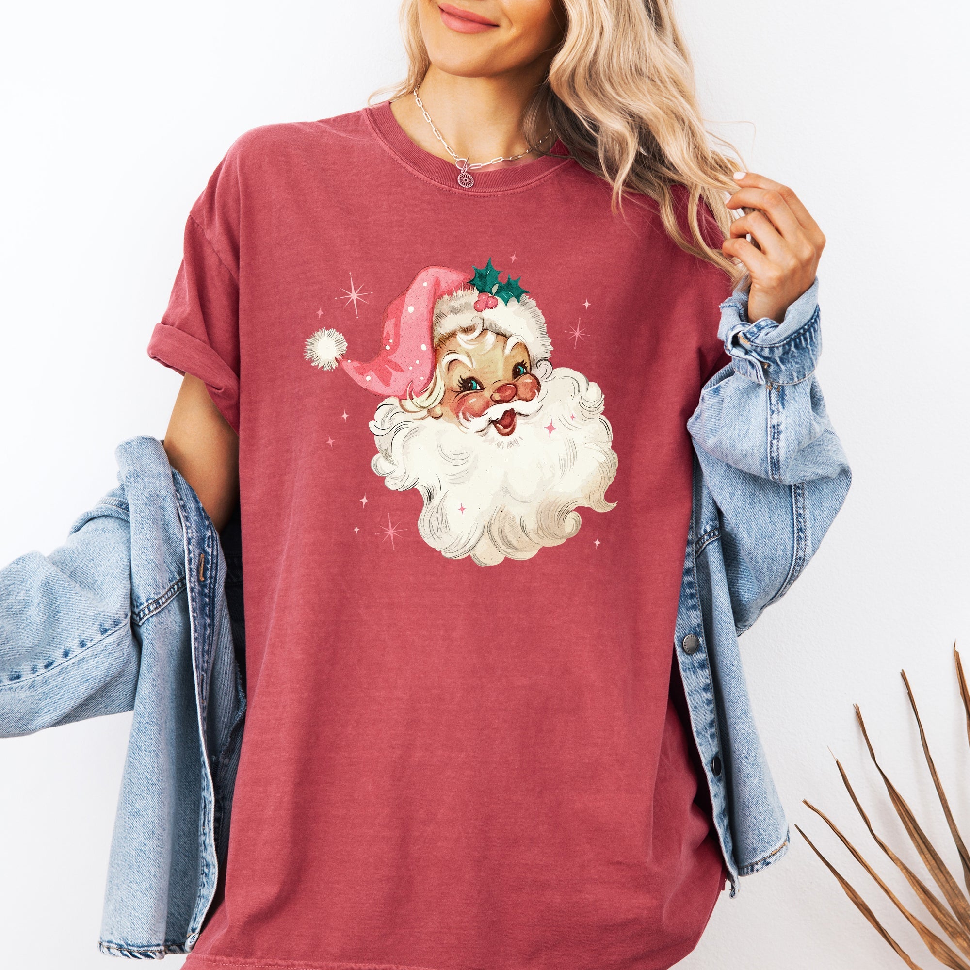 Retro Santa Pink Christmas Sparkles Vintage Winter Snow Xmas Festive Holiday Cheer Comfort Colors Tee