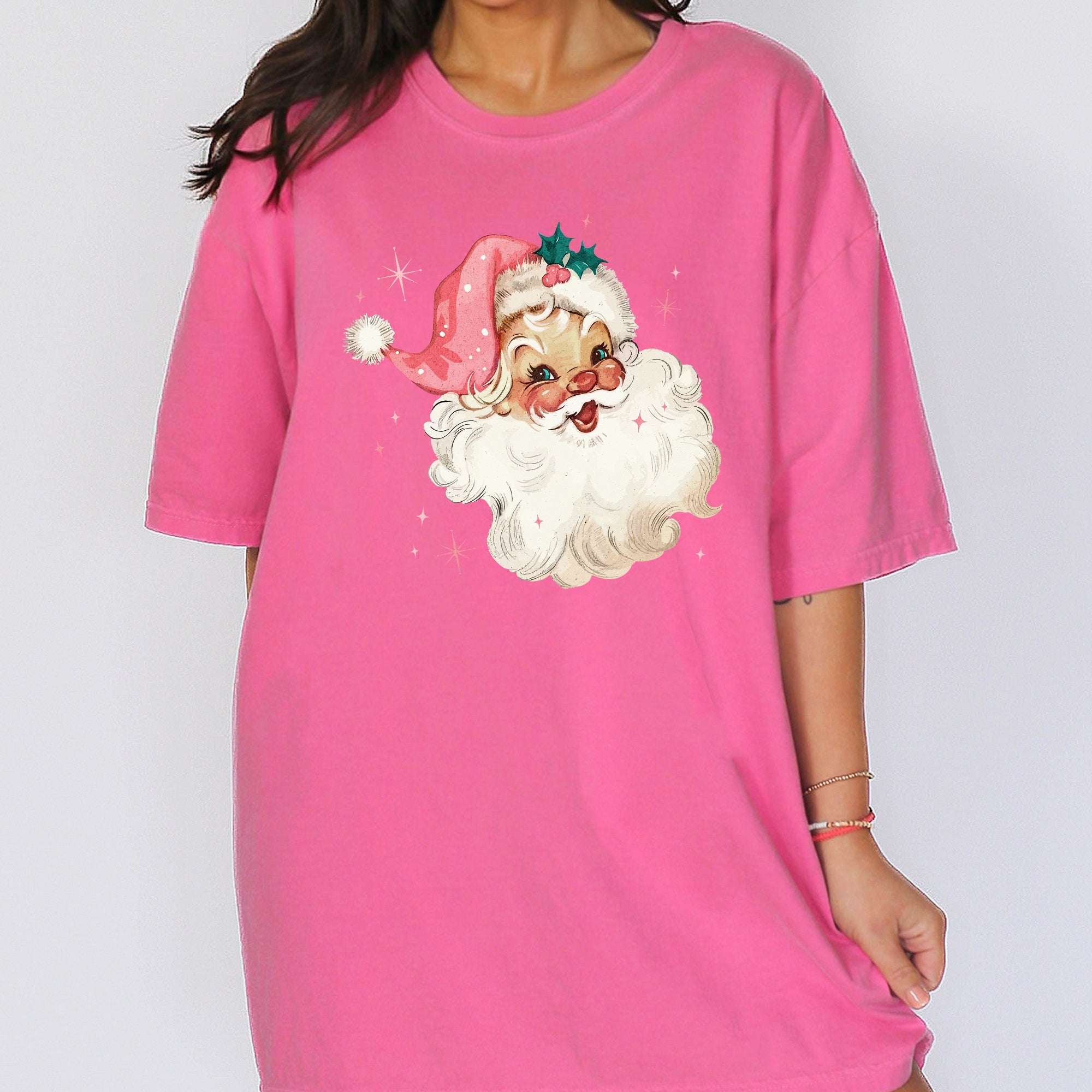 Retro Santa Pink Christmas Sparkles Vintage Winter Snow Xmas Festive Holiday Cheer Comfort Colors Tee
