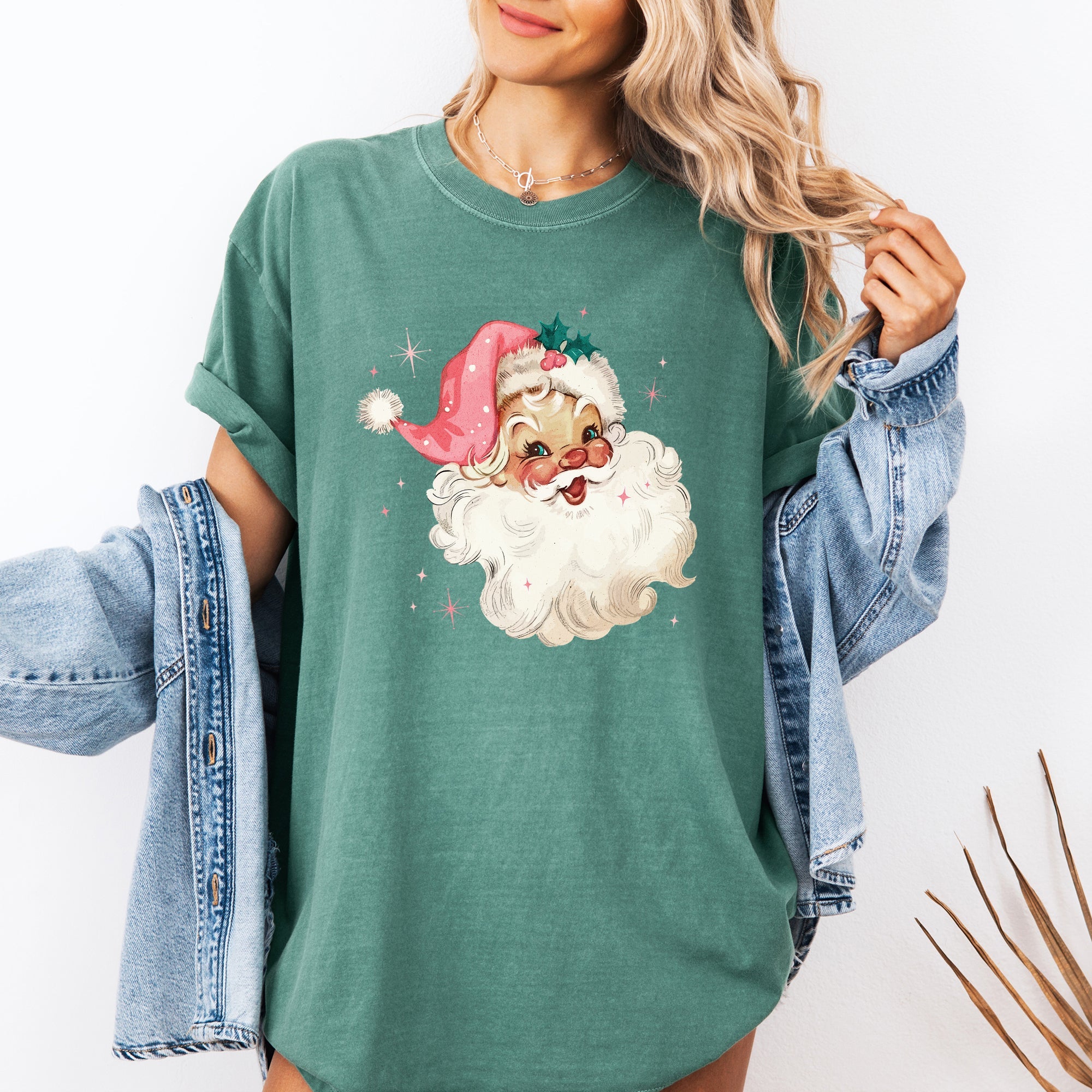 Retro Santa Pink Christmas Sparkles Vintage Winter Snow Xmas Festive Holiday Cheer Comfort Colors Tee
