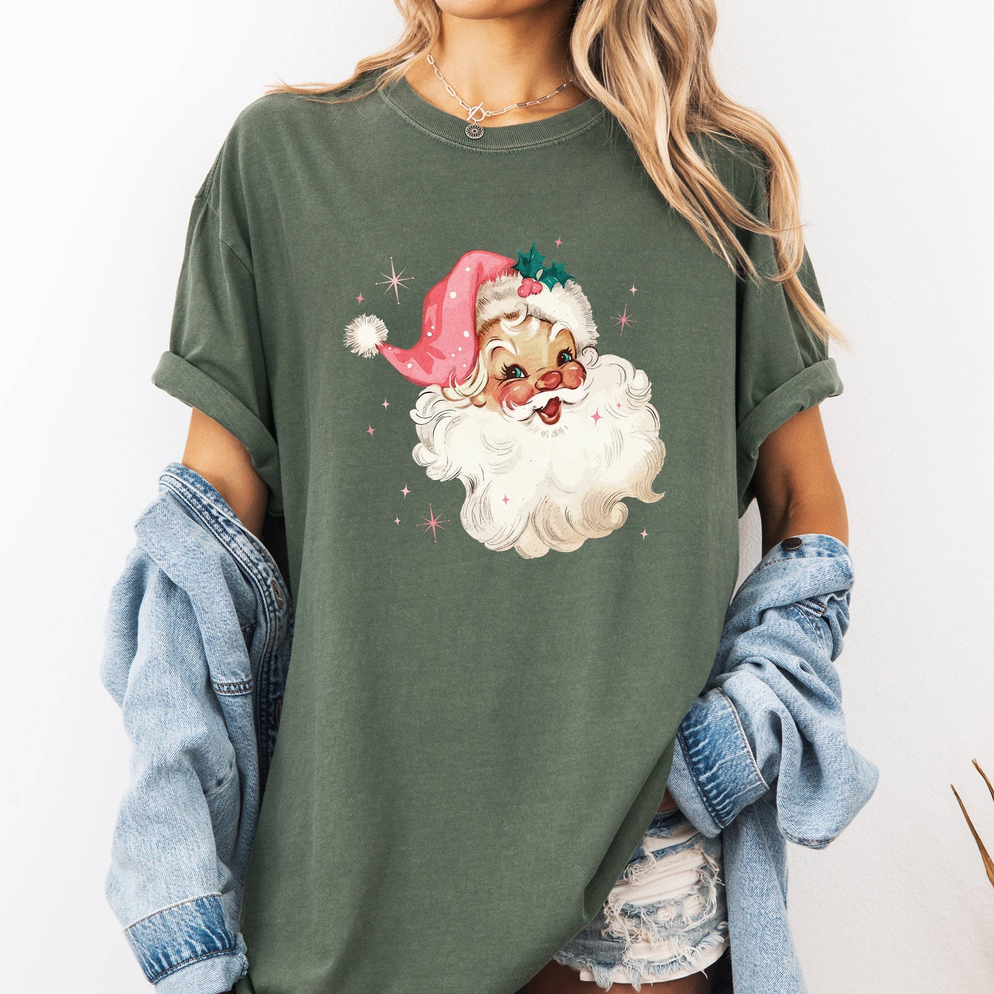 Retro Santa Pink Christmas Sparkles Vintage Winter Snow Xmas Festive Holiday Cheer Comfort Colors Tee