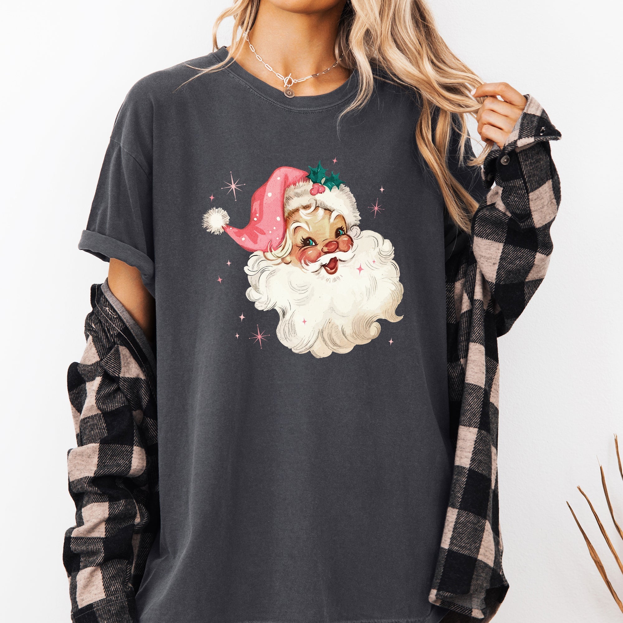 Retro Santa Pink Christmas Sparkles Vintage Winter Snow Xmas Festive Holiday Cheer Comfort Colors Tee