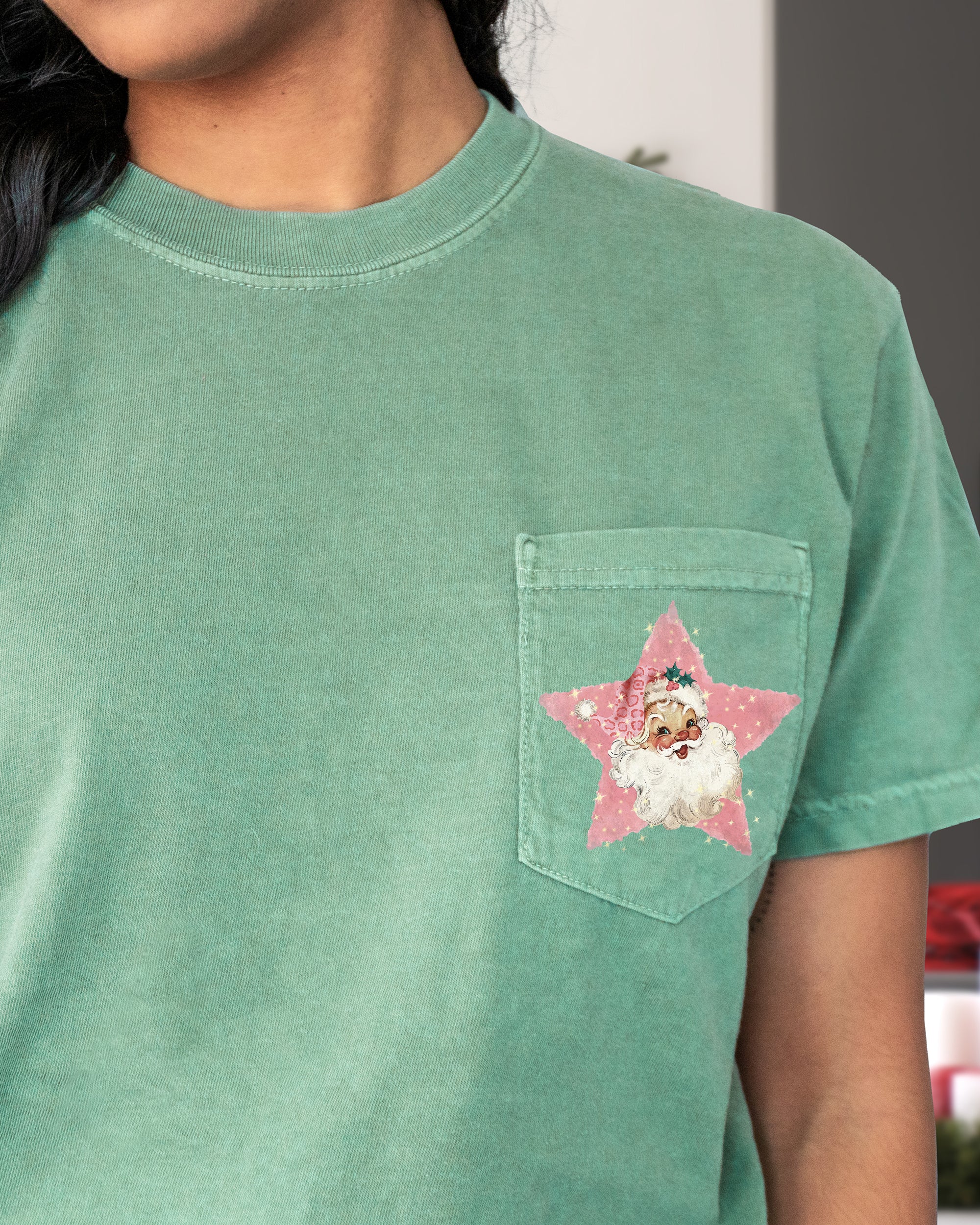 Retro Santa Pink Star Pocket Christmas Snow Winter Xmas Cozy Vintage Holiday Card Art Comfort Colors Tee