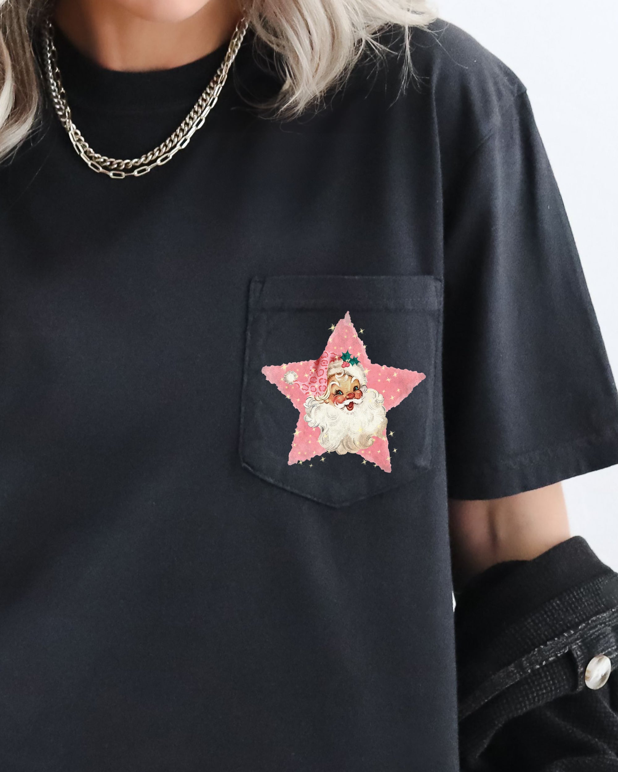 Retro Santa Pink Star Pocket Christmas Snow Winter Xmas Cozy Vintage Holiday Card Art Comfort Colors Tee