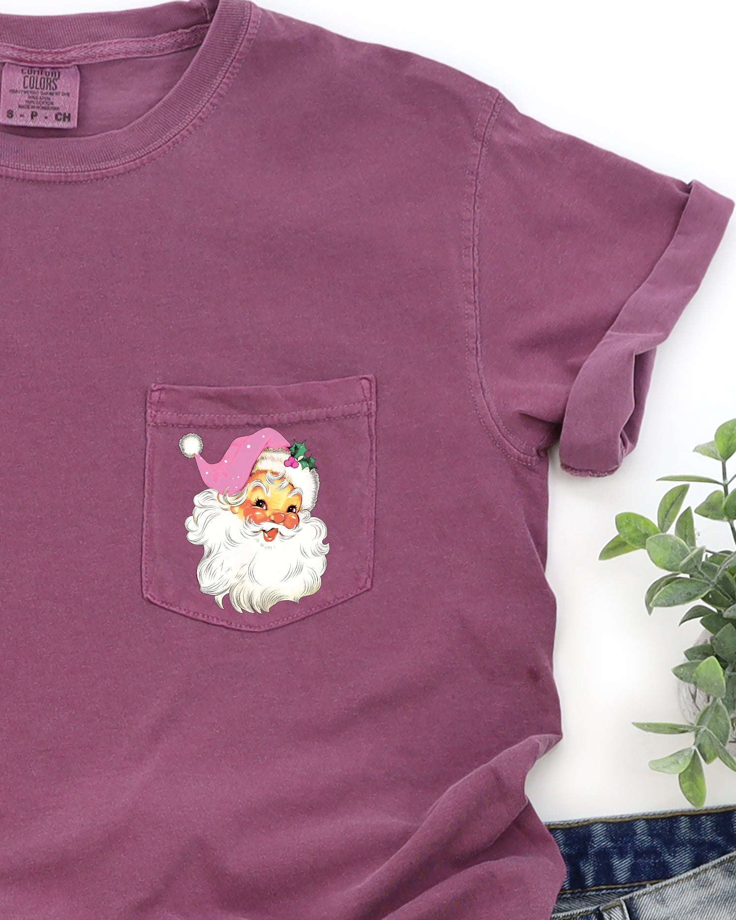 Retro Santa Pocket Pink Hat Christmas Winter Snow Xmas Holiday Vintage Style Comfort Colors Tee