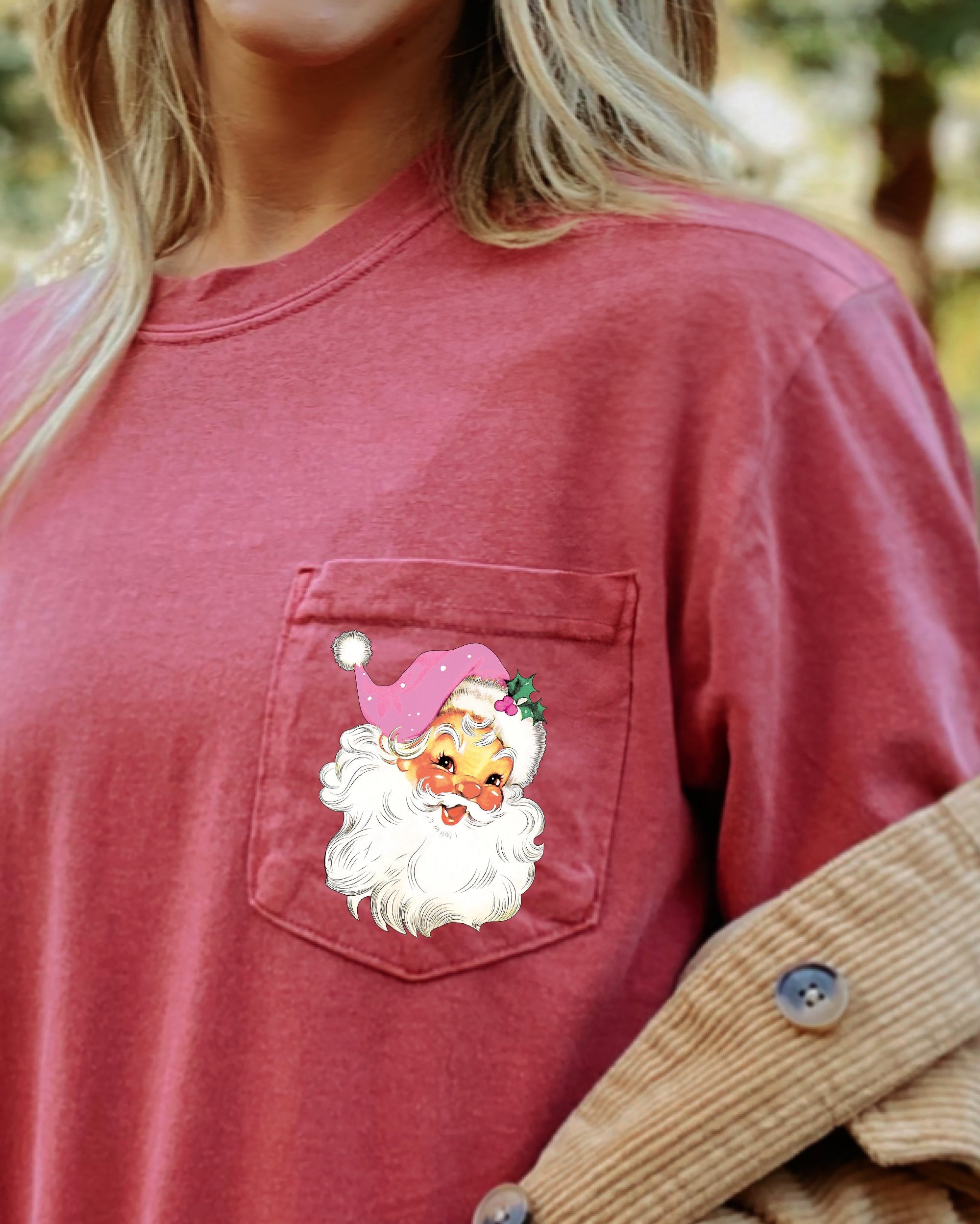 Retro Santa Pocket Pink Hat Christmas Winter Snow Xmas Holiday Vintage Style Comfort Colors Tee
