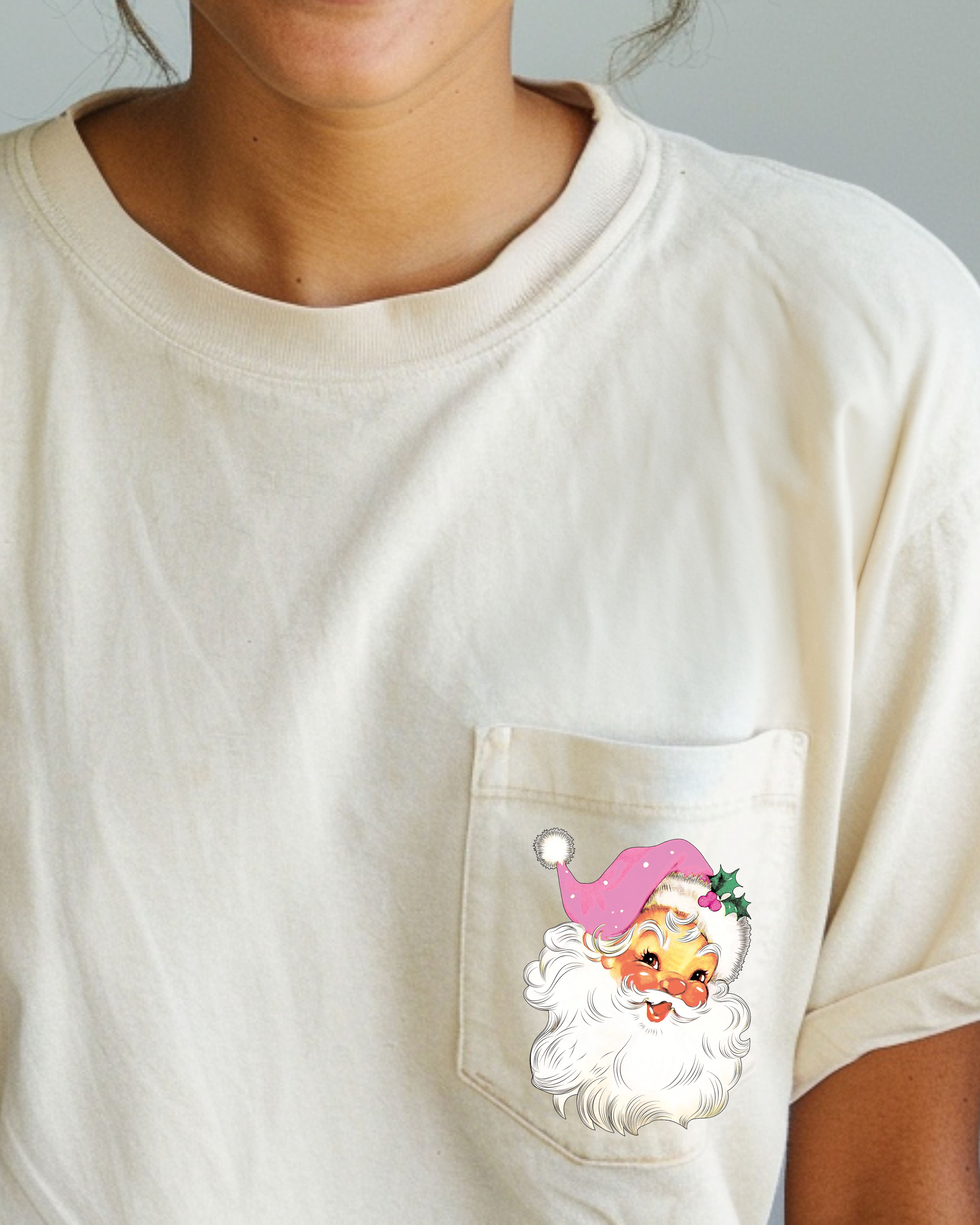 Retro Santa Pocket Pink Hat Christmas Winter Snow Xmas Holiday Vintage Style Comfort Colors Tee