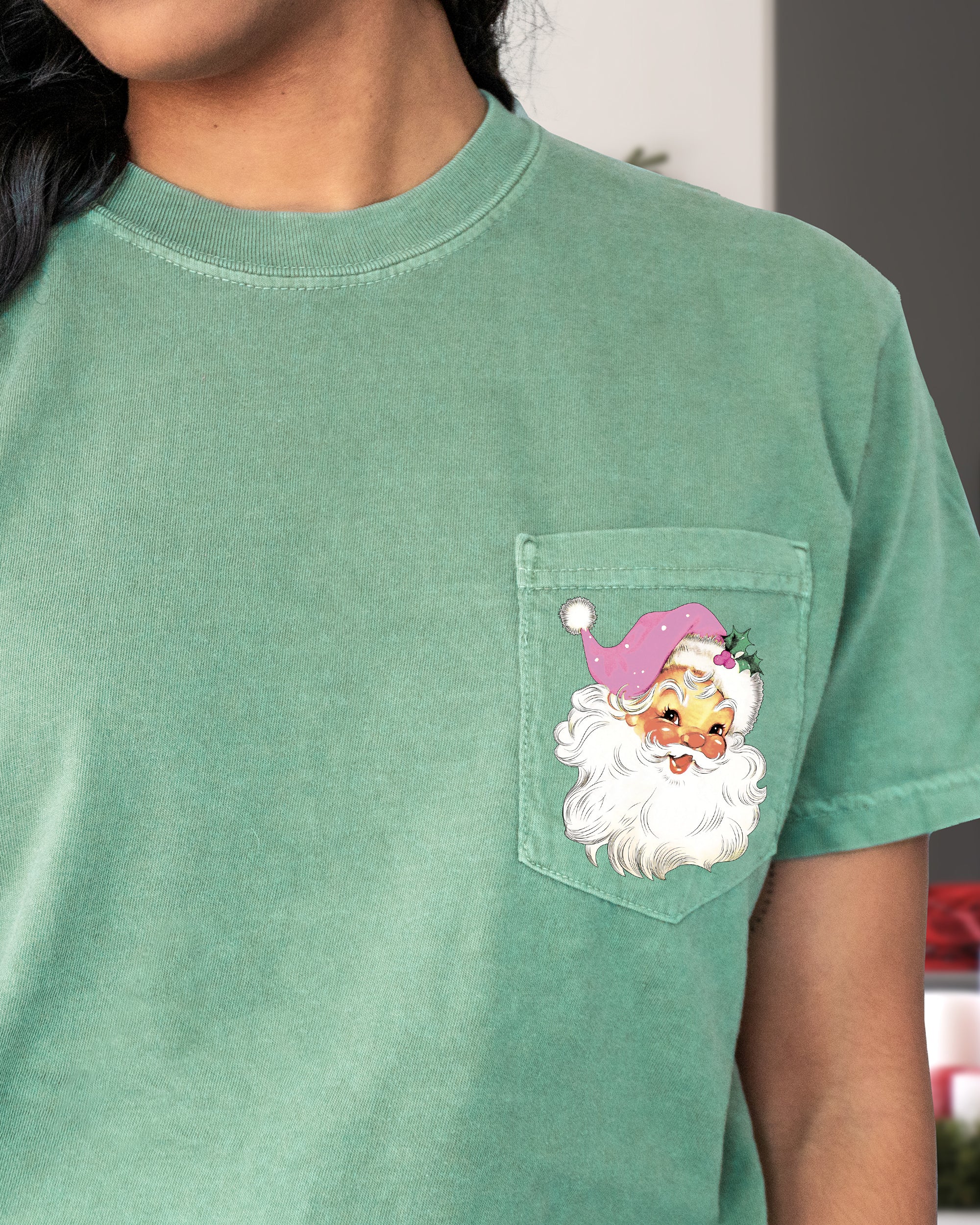 Retro Santa Pocket Pink Hat Christmas Winter Snow Xmas Holiday Vintage Style Comfort Colors Tee