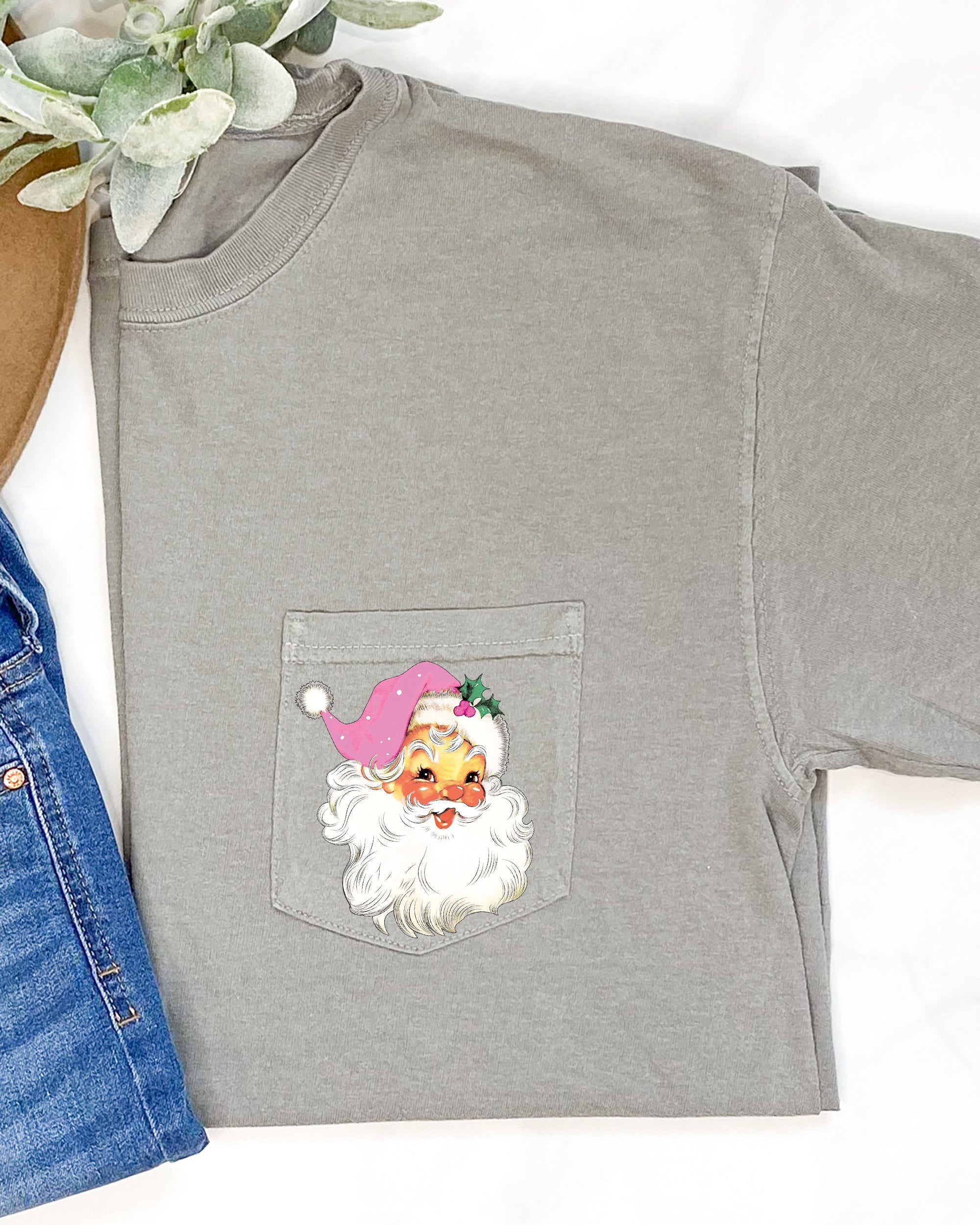 Retro Santa Pocket Pink Hat Christmas Winter Snow Xmas Holiday Vintage Style Comfort Colors Tee