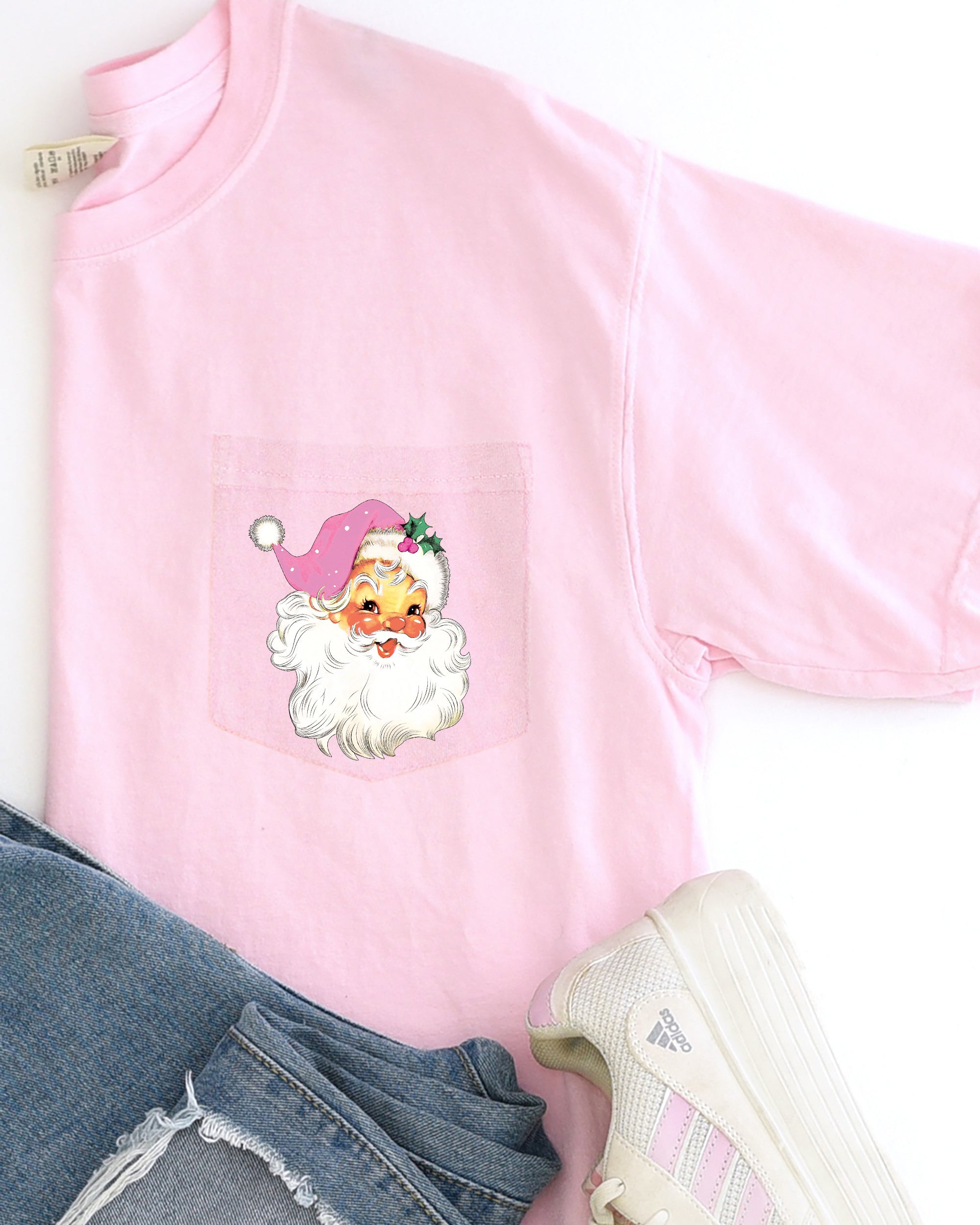 Retro Santa Pocket Pink Hat Christmas Winter Snow Xmas Holiday Vintage Style Comfort Colors Tee