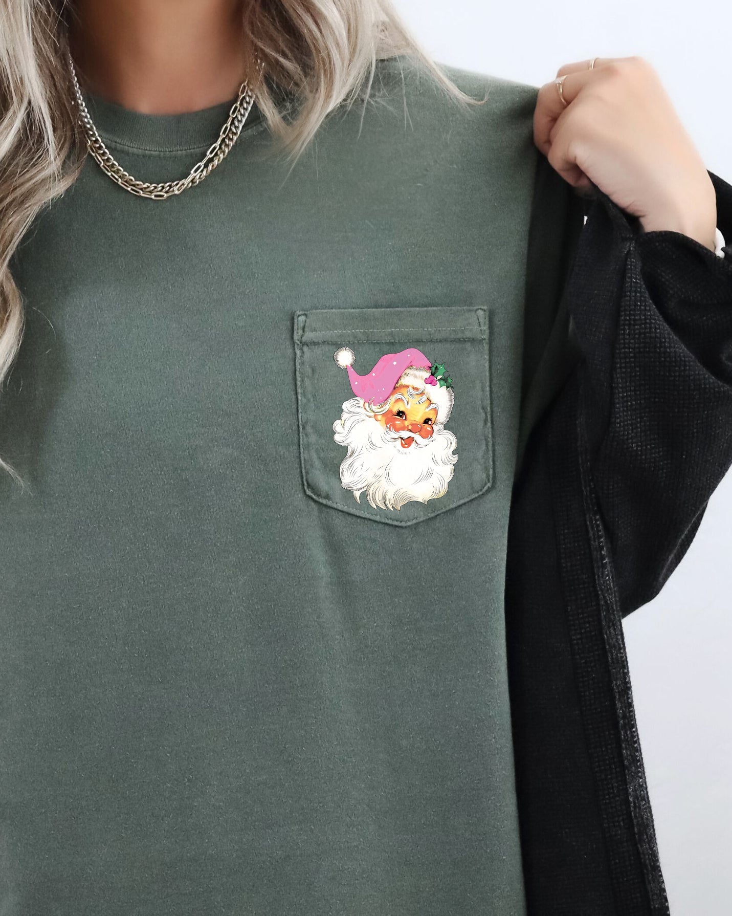 Retro Santa Pocket Pink Hat Christmas Winter Snow Xmas Holiday Vintage Style Comfort Colors Tee
