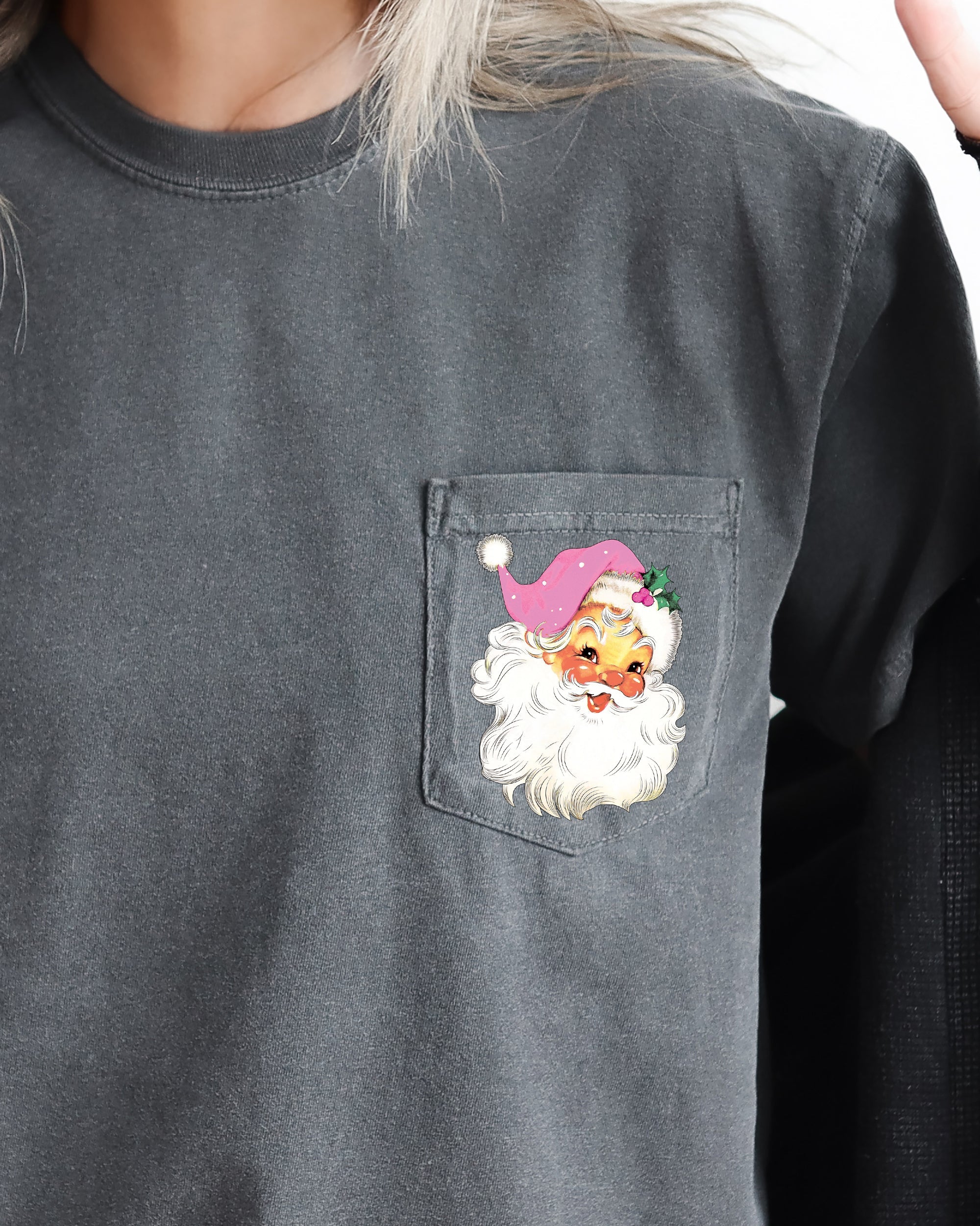Retro Santa Pocket Pink Hat Christmas Winter Snow Xmas Holiday Vintage Style Comfort Colors Tee