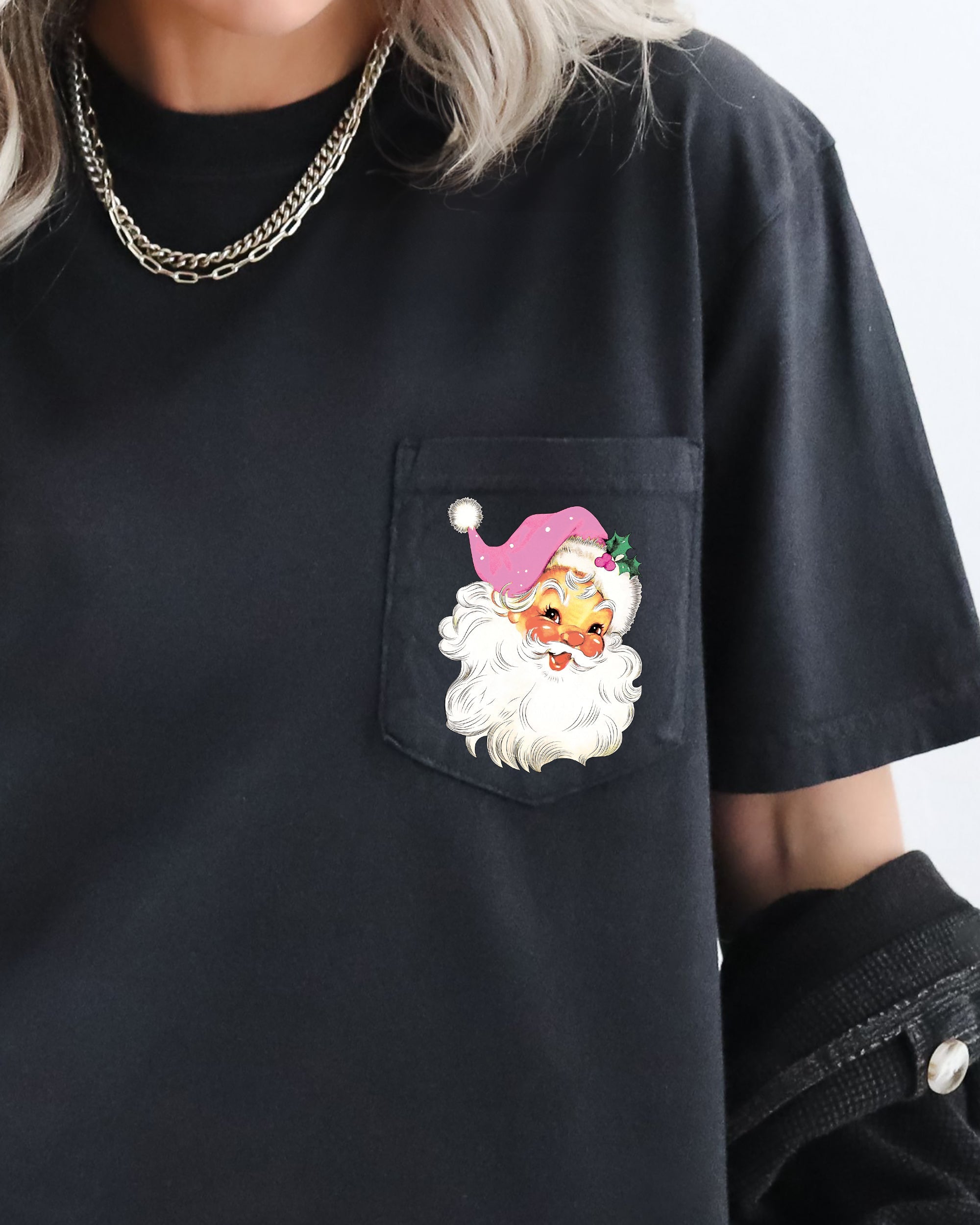 Retro Santa Pocket Pink Hat Christmas Winter Snow Xmas Holiday Vintage Style Comfort Colors Tee
