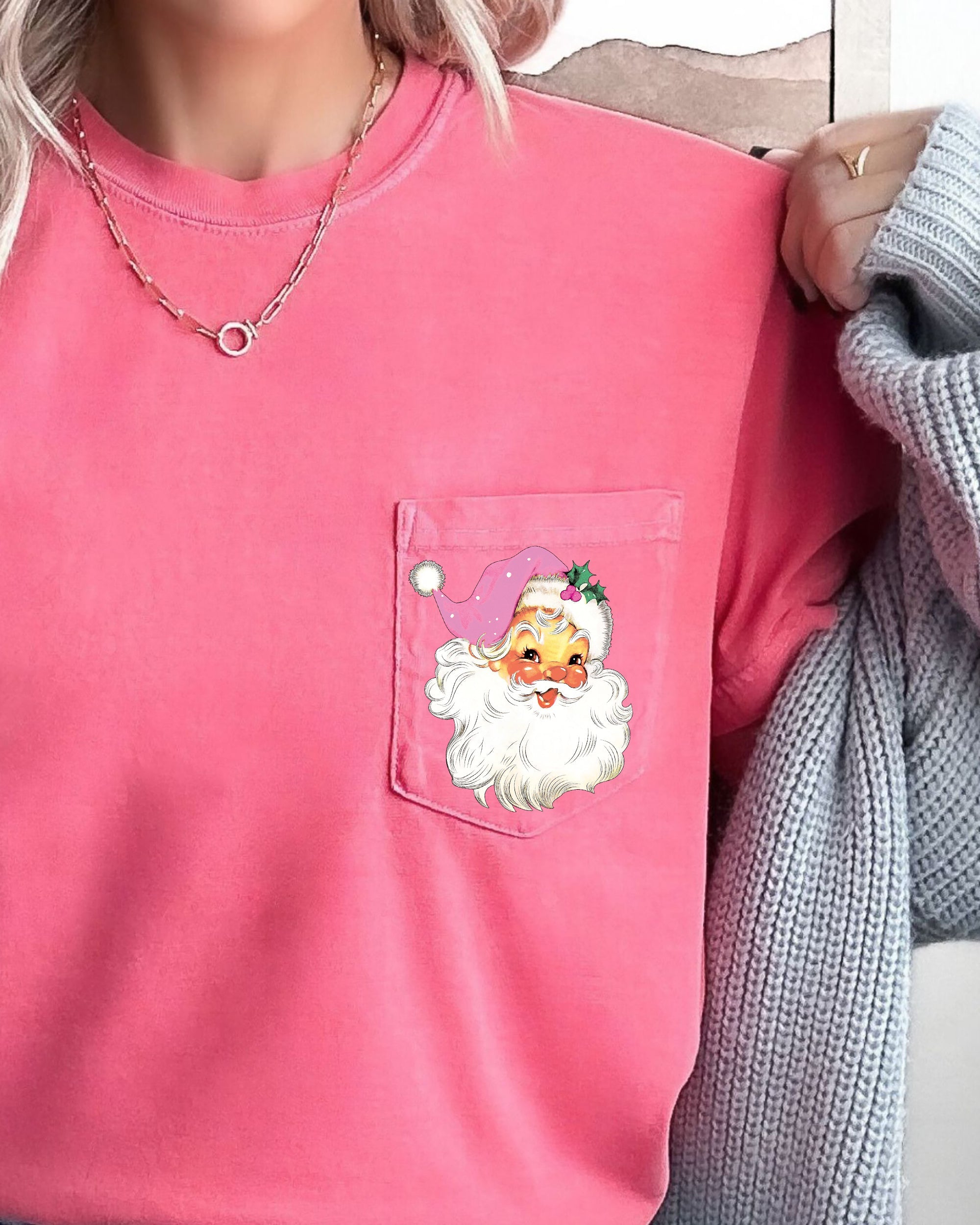 Retro Santa Pocket Pink Hat Christmas Winter Snow Xmas Holiday Vintage Style Comfort Colors Tee