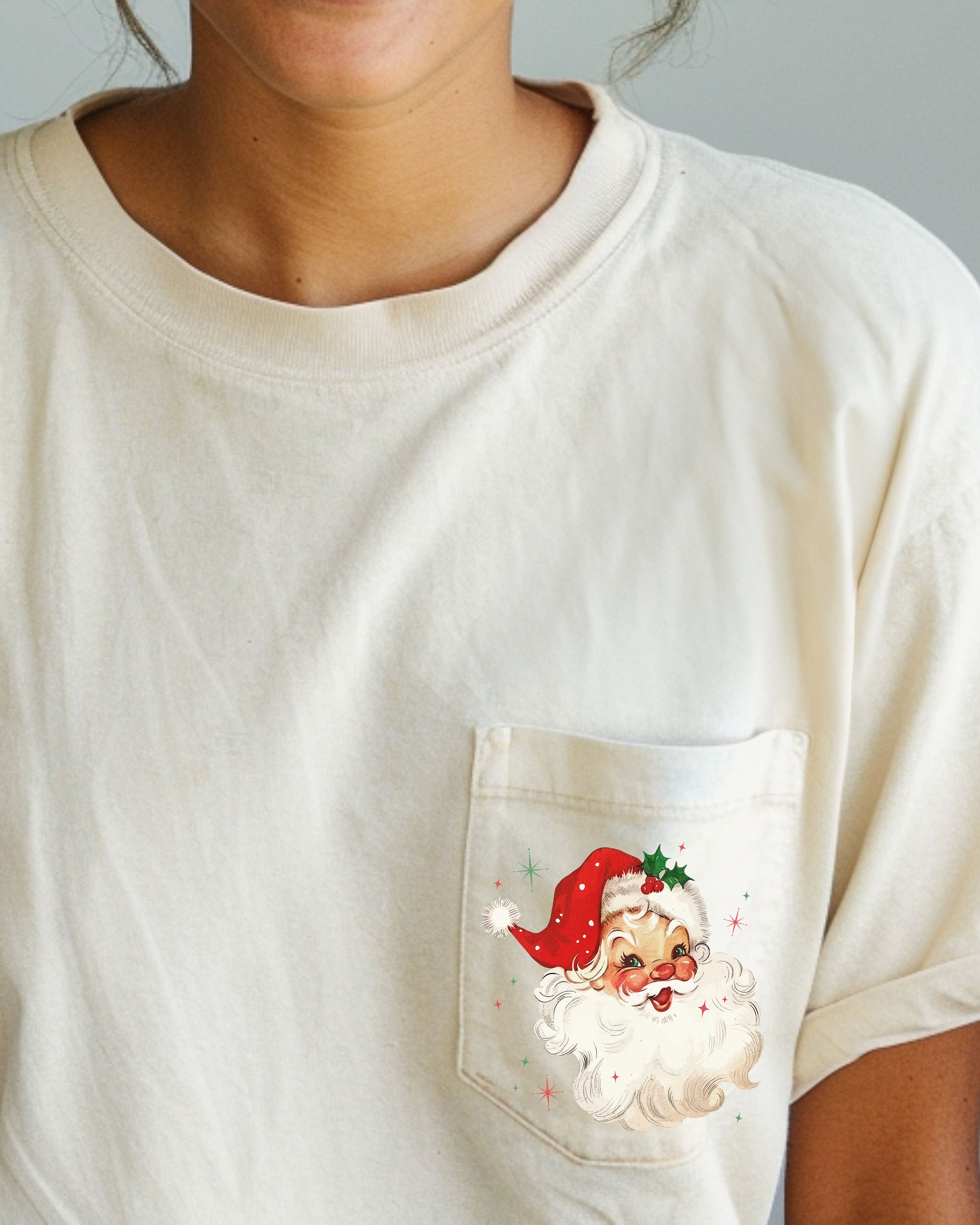 Retro Santa Sparkles Pocket Red Hat Christmas Winter Snow Xmas Comfort Colors Tee