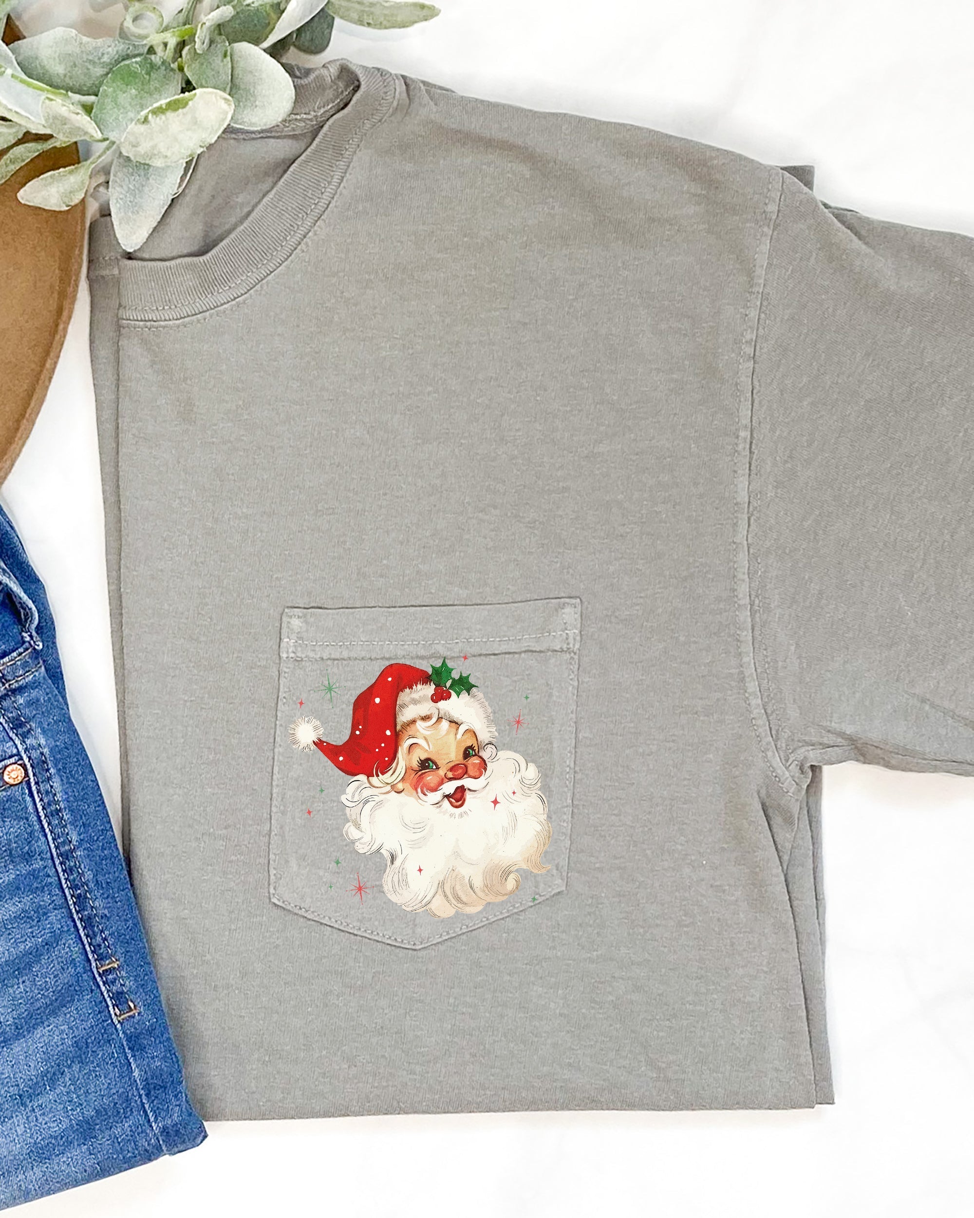 Retro Santa Sparkles Pocket Red Hat Christmas Winter Snow Xmas Comfort Colors Tee