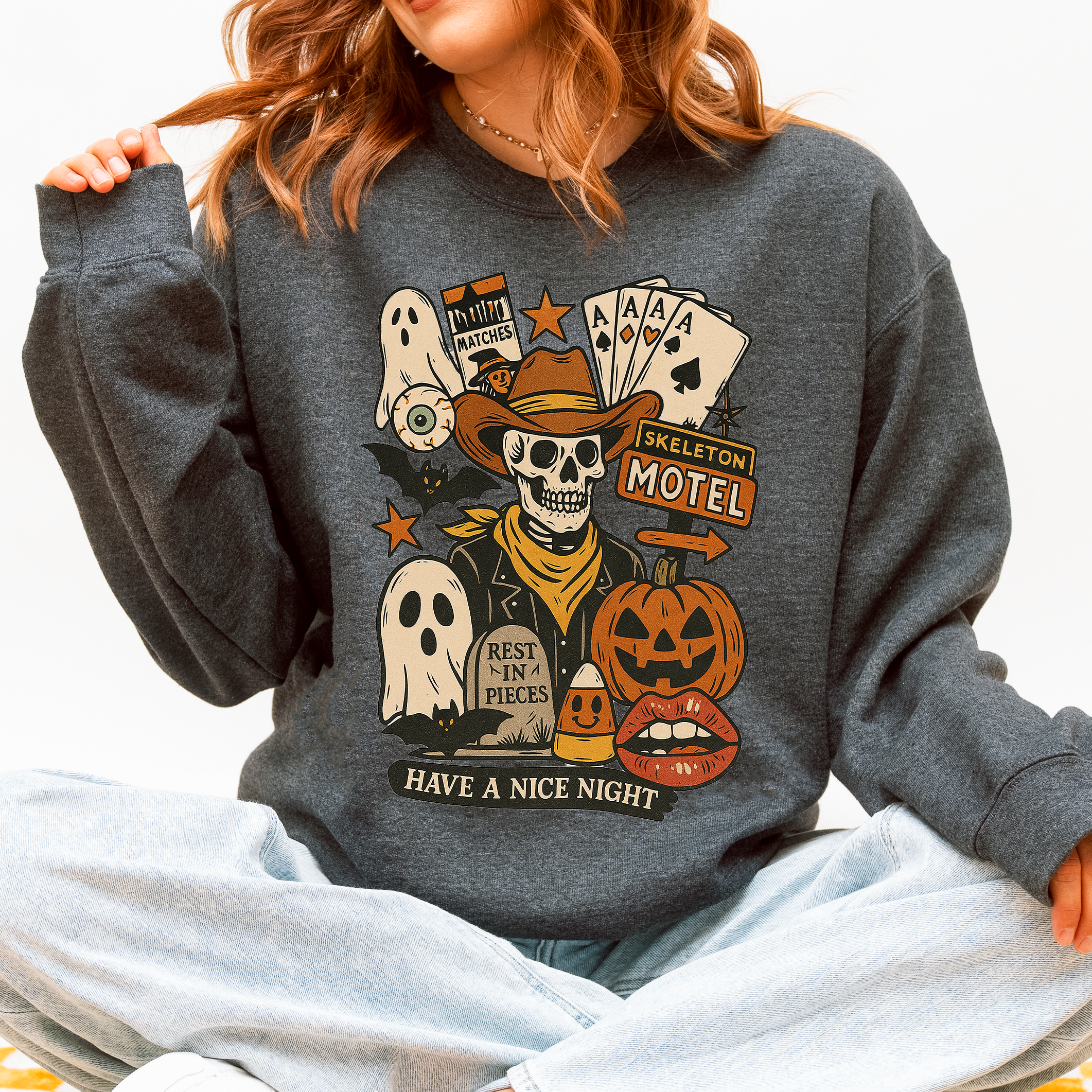 Retro Skeleton Motel Vintage Halloween Nostalgia Graphic Design Collective Edition Sweatshirt