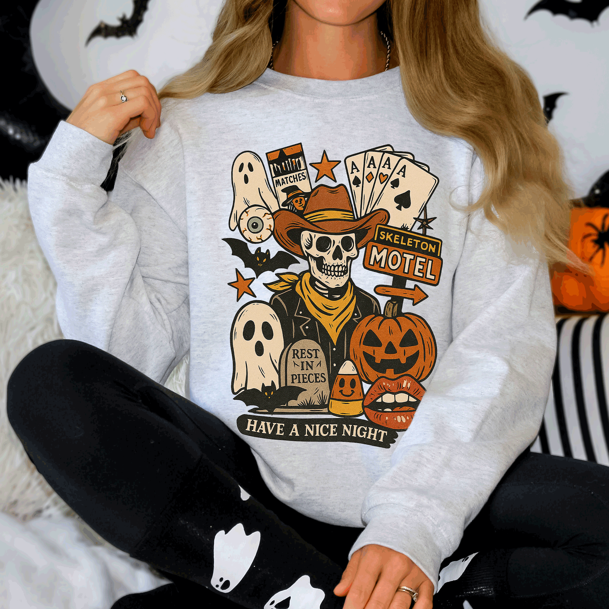 Retro Skeleton Motel Vintage Halloween Nostalgia Graphic Design Collective Edition Sweatshirt