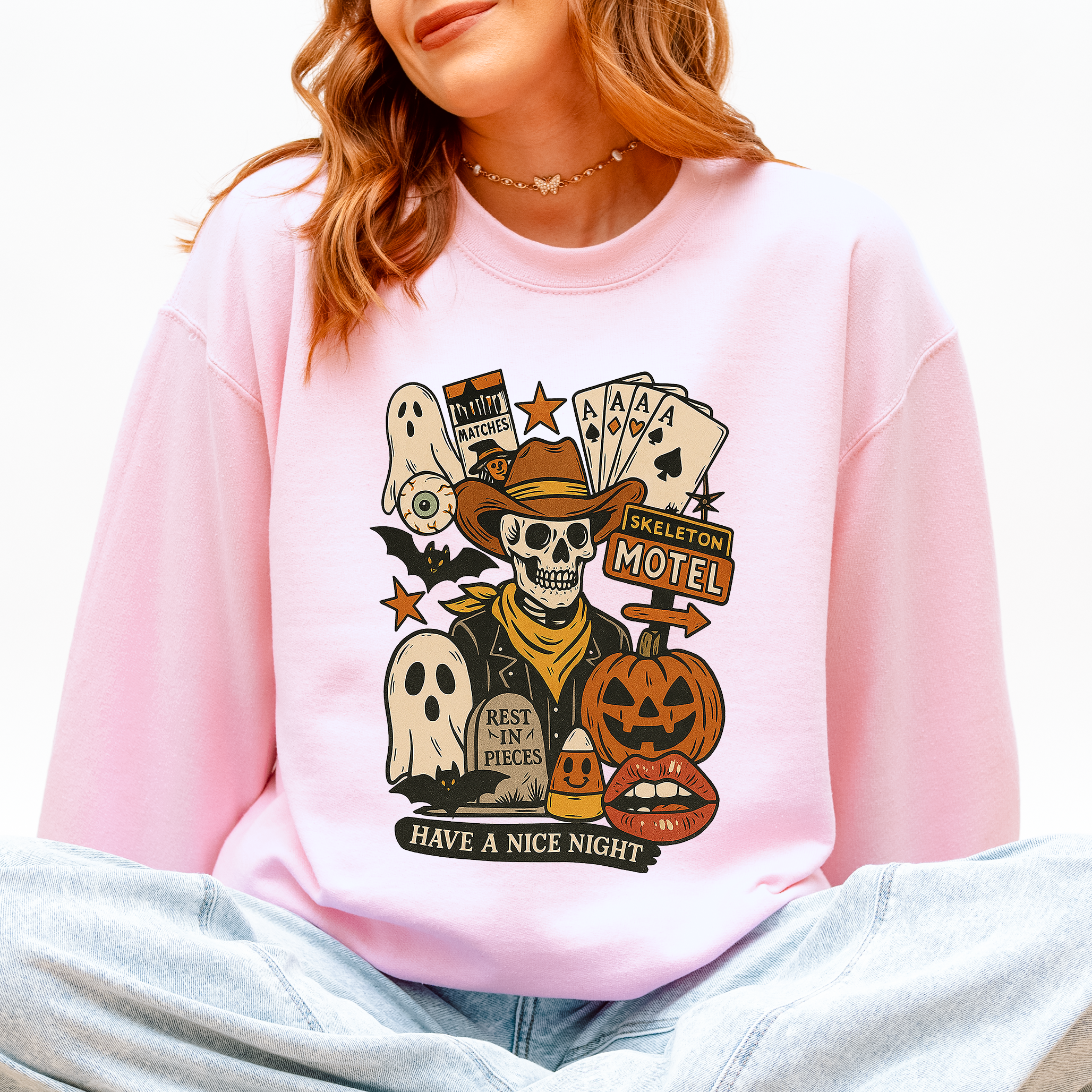Retro Skeleton Motel Vintage Halloween Nostalgia Graphic Design Collective Edition Sweatshirt