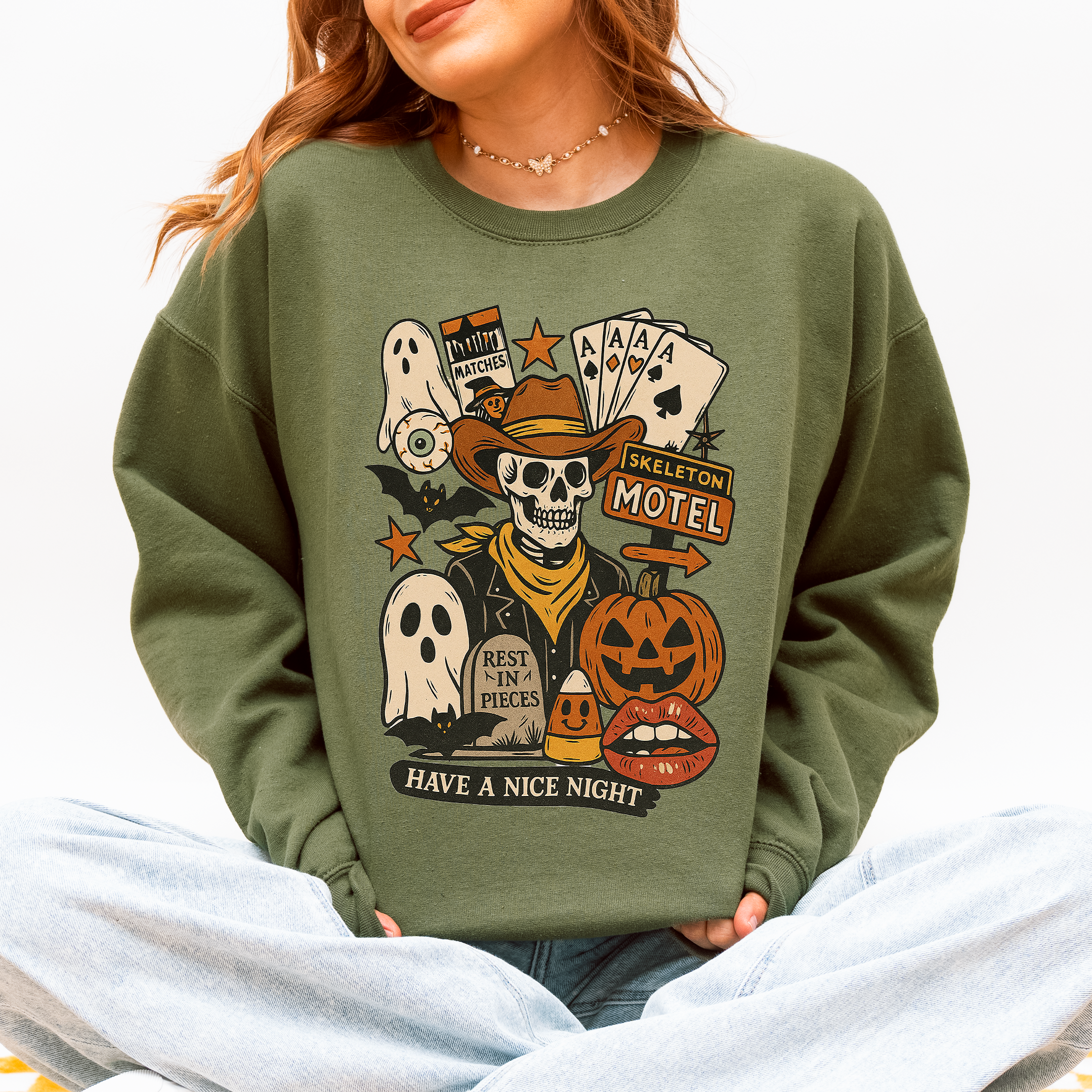 Retro Skeleton Motel Vintage Halloween Nostalgia Graphic Design Collective Edition Sweatshirt