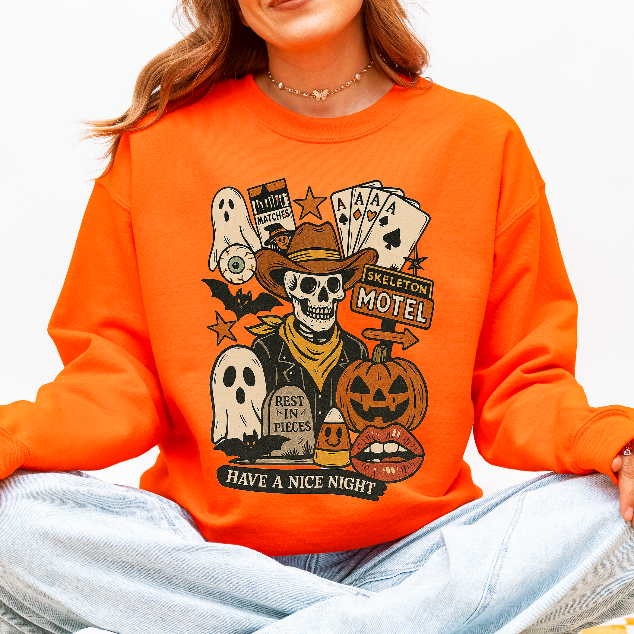Retro Skeleton Motel Vintage Halloween Nostalgia Graphic Design Collective Edition Sweatshirt