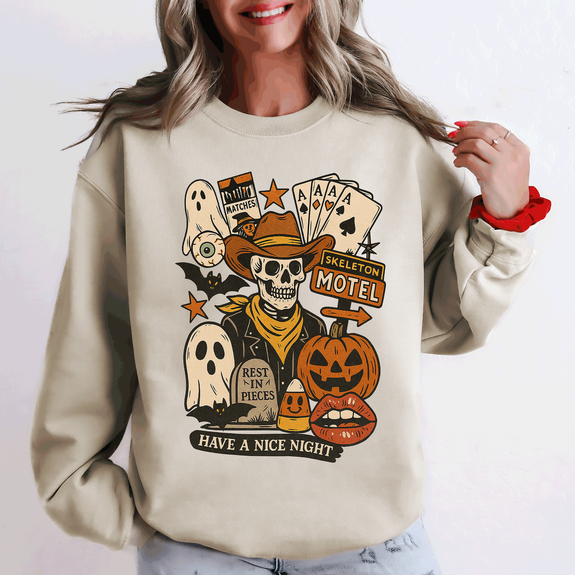 Retro Skeleton Motel Vintage Halloween Nostalgia Graphic Design Collective Edition Sweatshirt