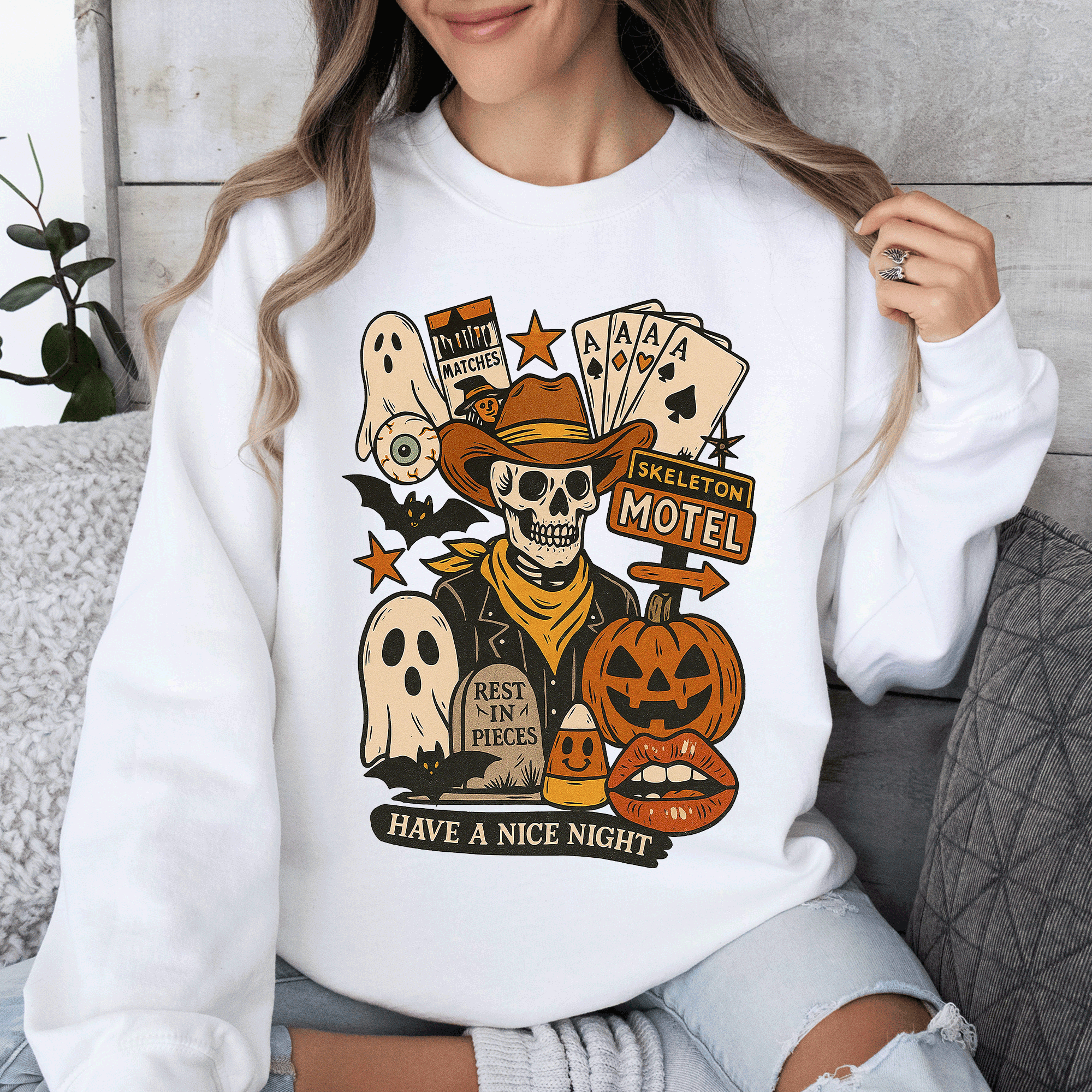 Retro Skeleton Motel Vintage Halloween Nostalgia Graphic Design Collective Edition Sweatshirt