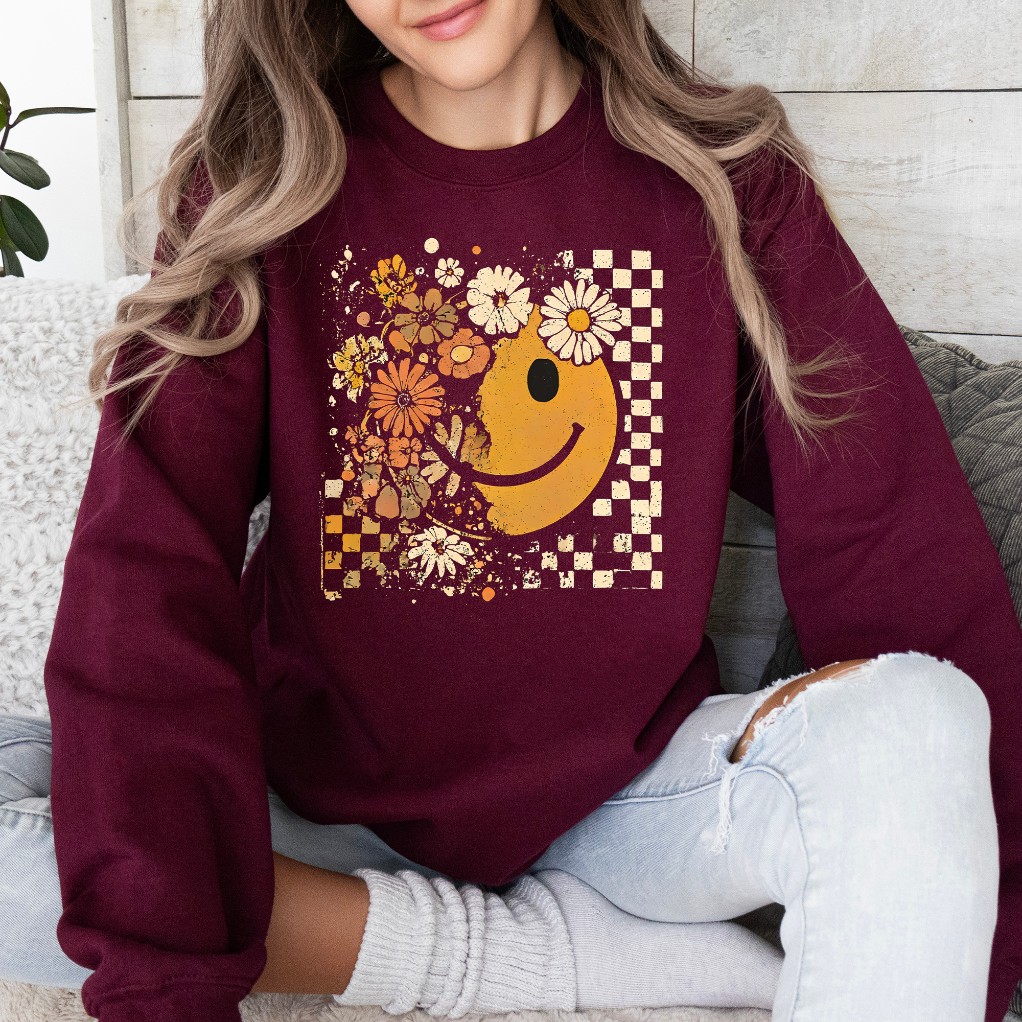 Retro Smiley Halloween Floral Autumn Garden Flowers Vintage-Inspired Pattern Cozy Knit Sweatshirt