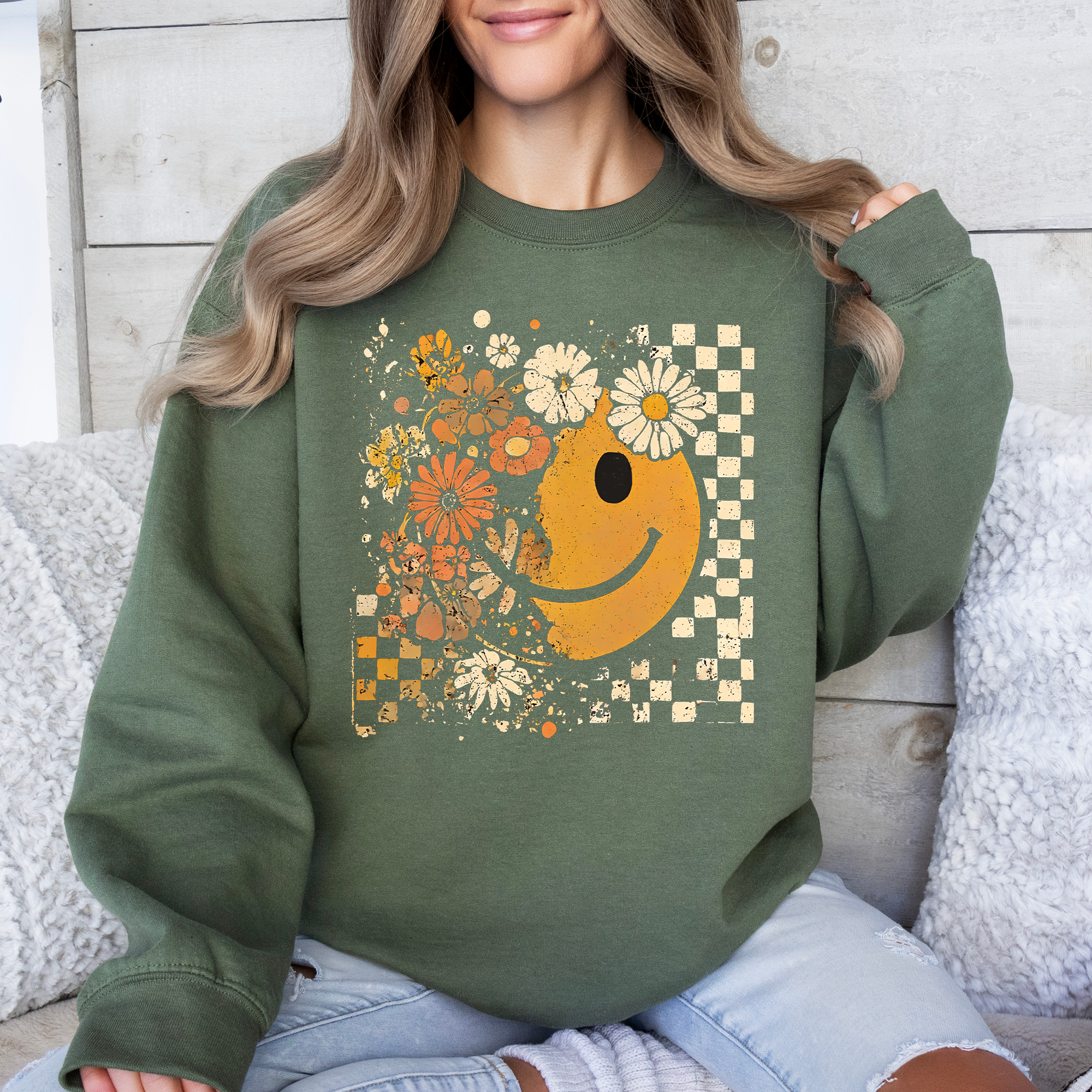 Retro Smiley Halloween Floral Autumn Garden Flowers Vintage-Inspired Pattern Cozy Knit Sweatshirt