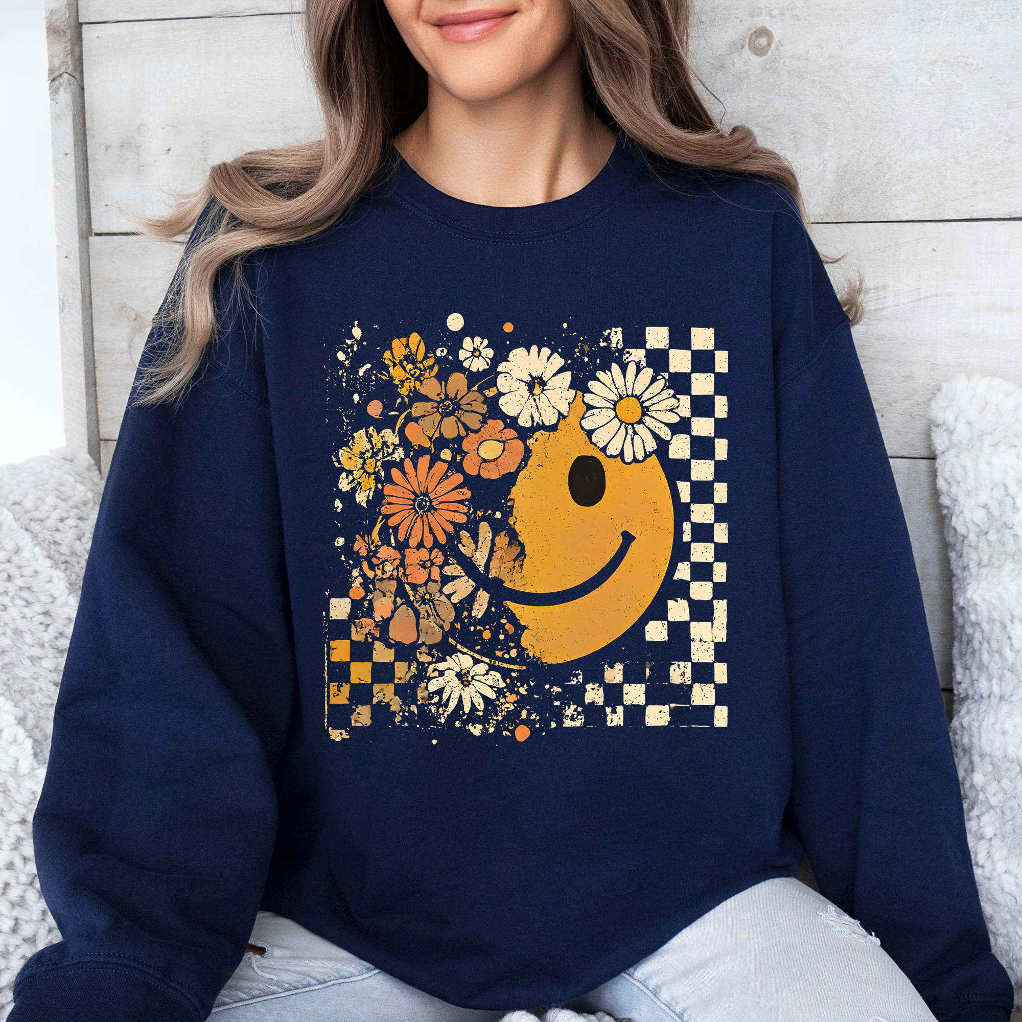 Retro Smiley Halloween Floral Autumn Garden Flowers Vintage-Inspired Pattern Cozy Knit Sweatshirt
