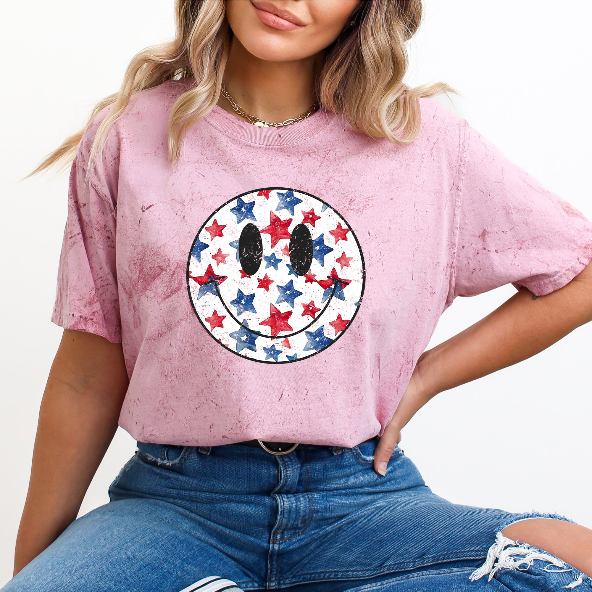 Retro Smiley Color Blast Patriotic USA Vintage Flag Inspired Americana Pride Comfort Colors Tee