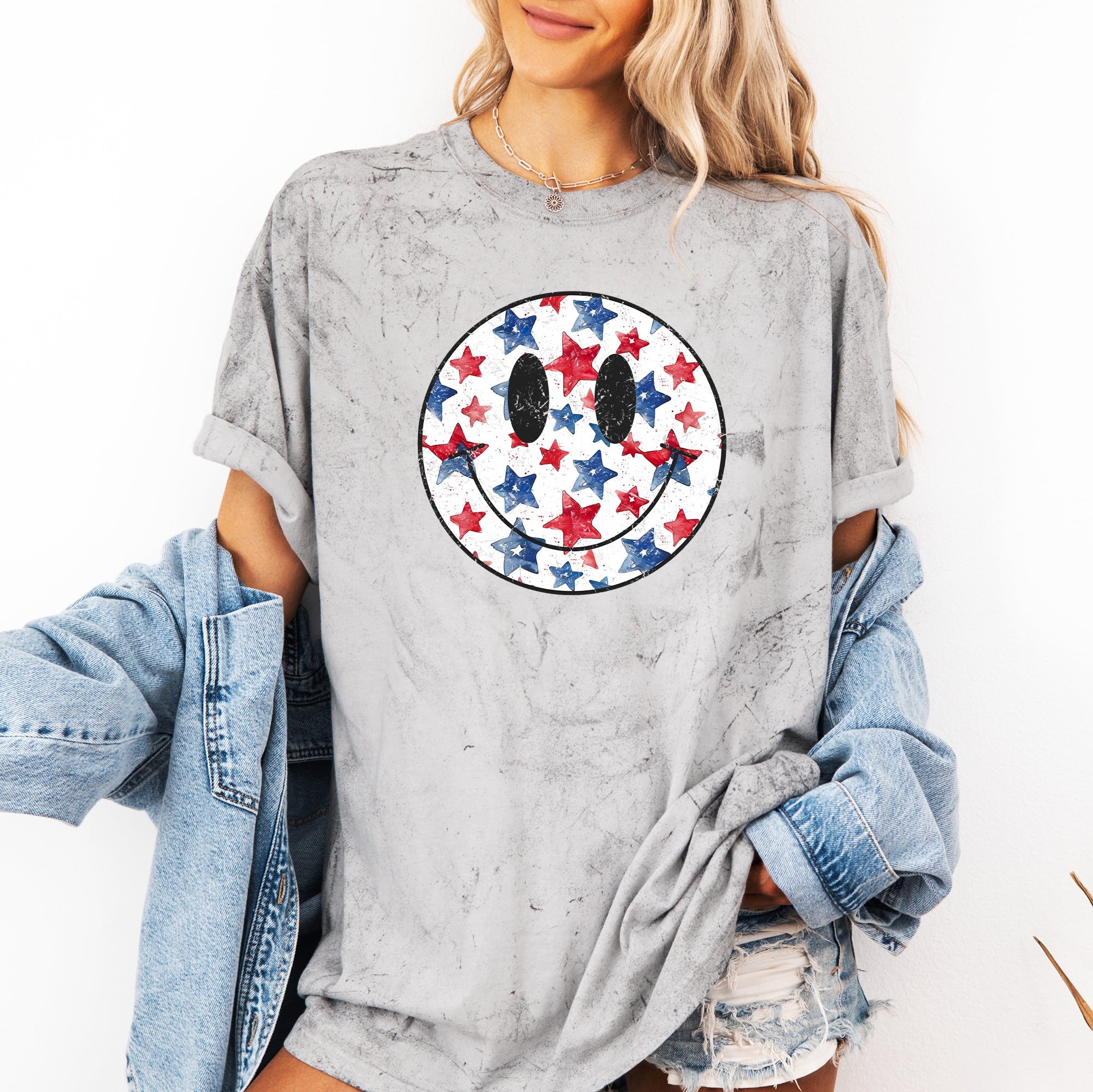 Retro Smiley Color Blast Patriotic USA Vintage Flag Inspired Americana Pride Comfort Colors Tee