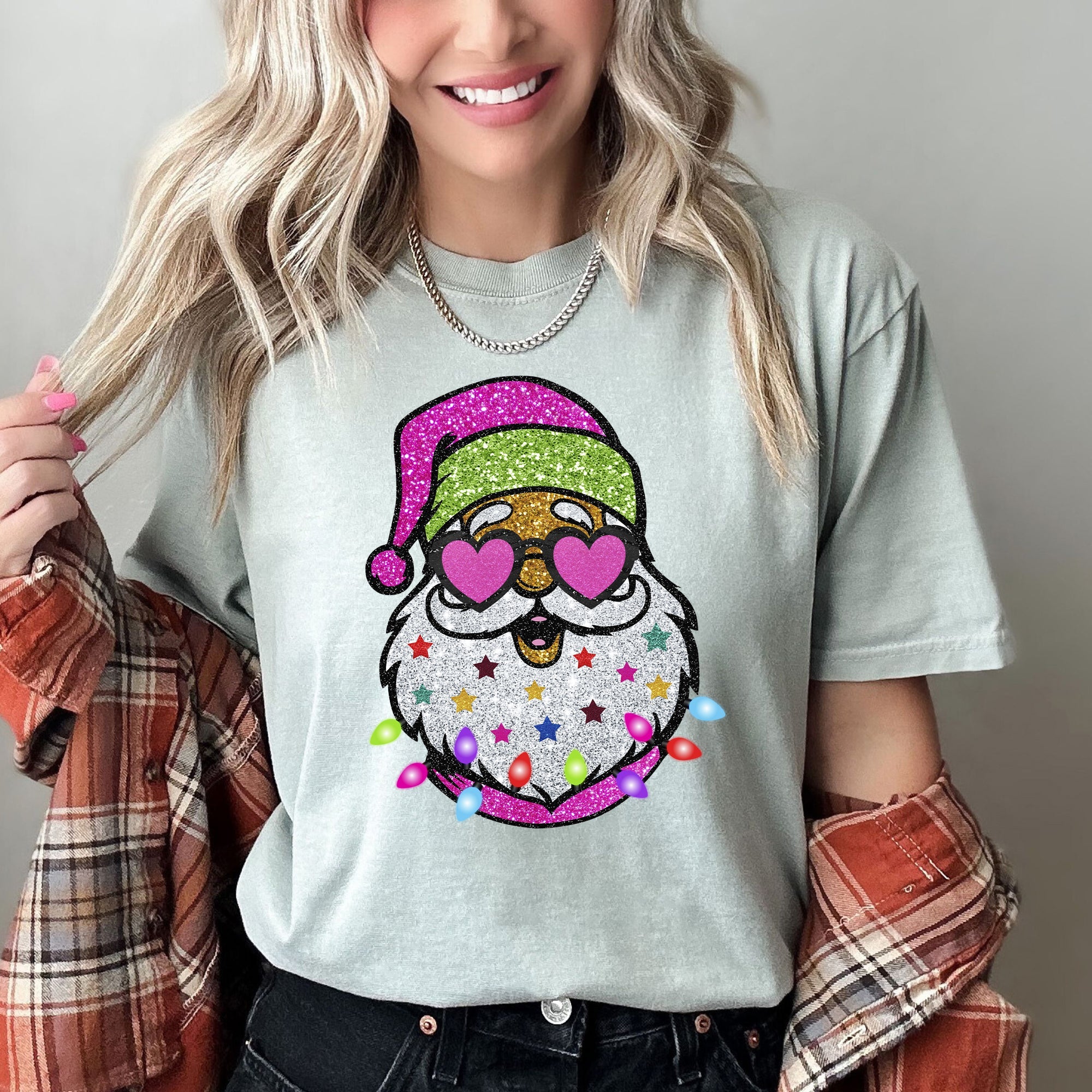 Retro Sparkly Santa Glitter Effect Christmas Vintage Holiday Illustration Comfort Colors Tee