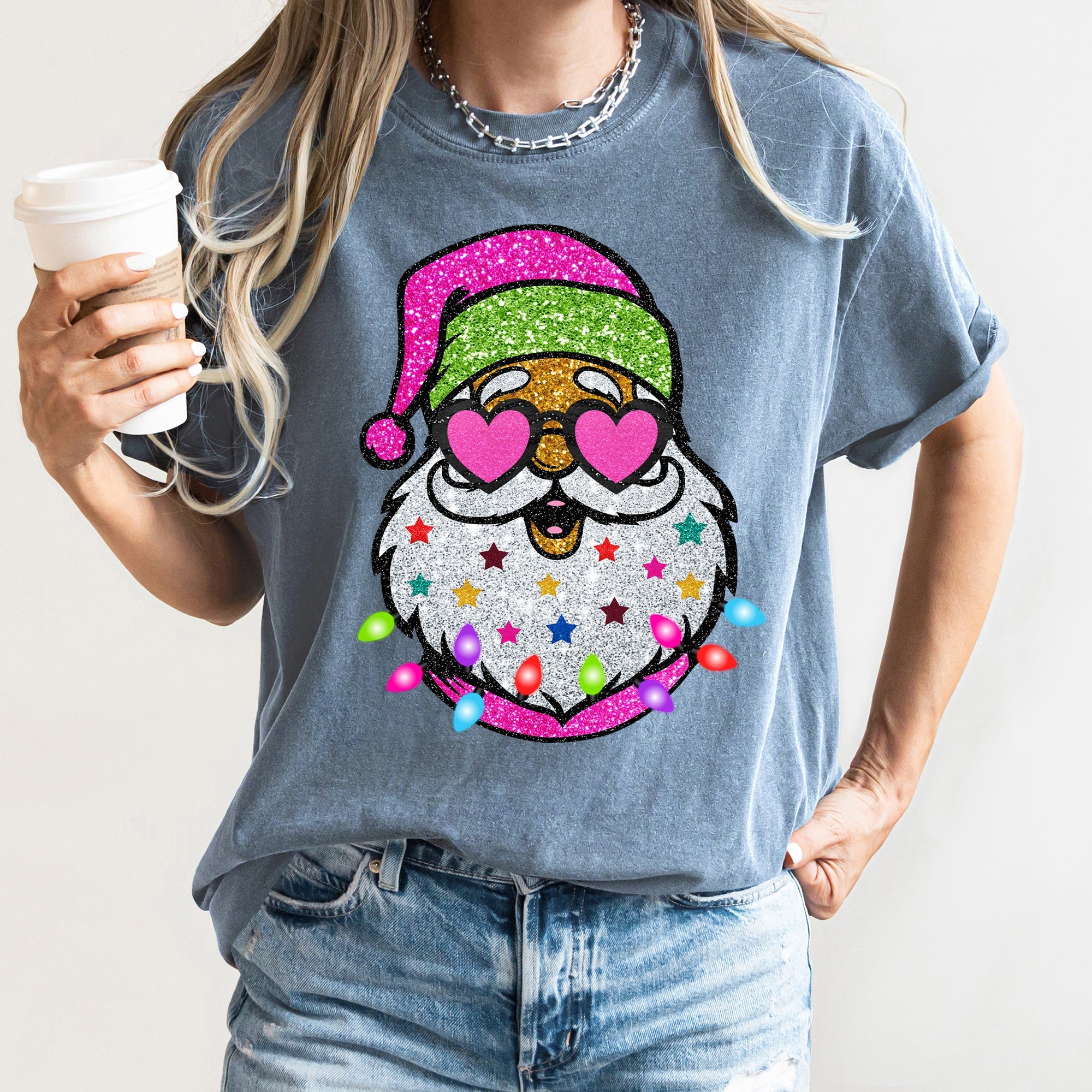 Retro Sparkly Santa Glitter Effect Christmas Vintage Holiday Illustration Comfort Colors Tee