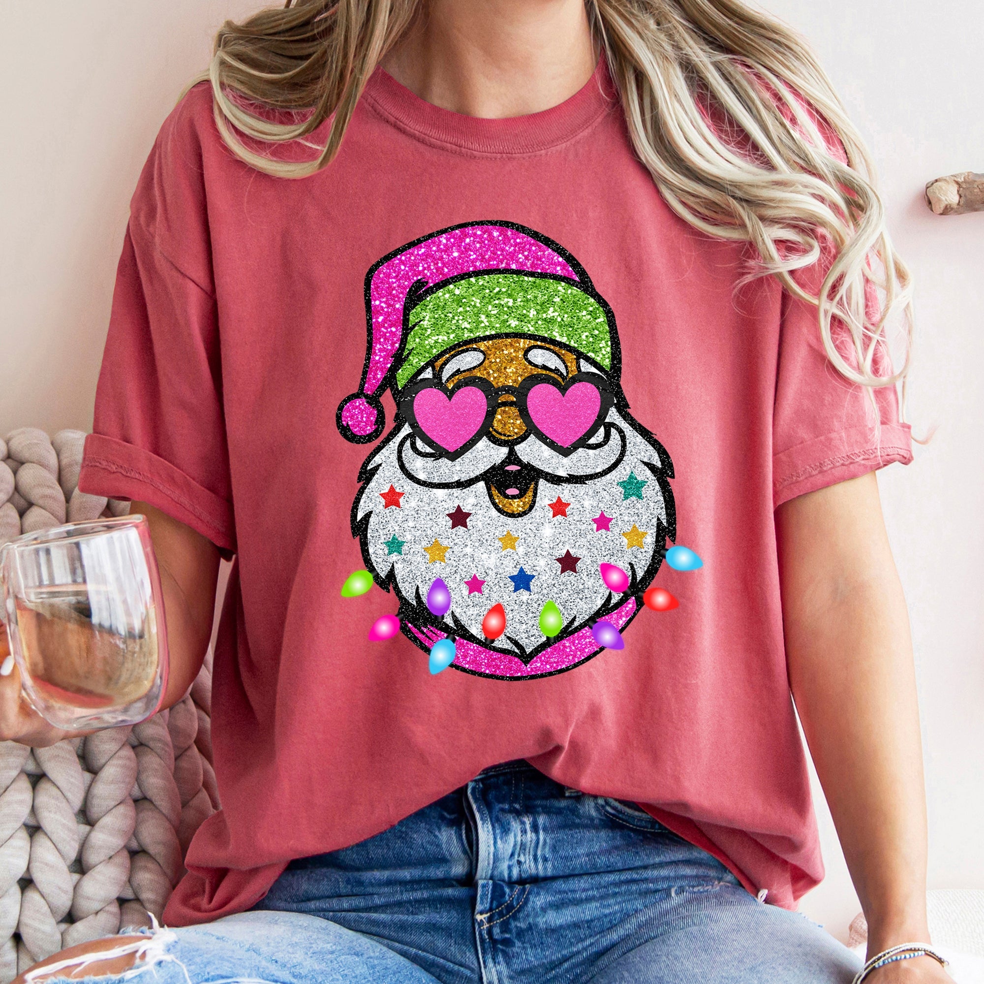 Retro Sparkly Santa Glitter Effect Christmas Vintage Holiday Illustration Comfort Colors Tee