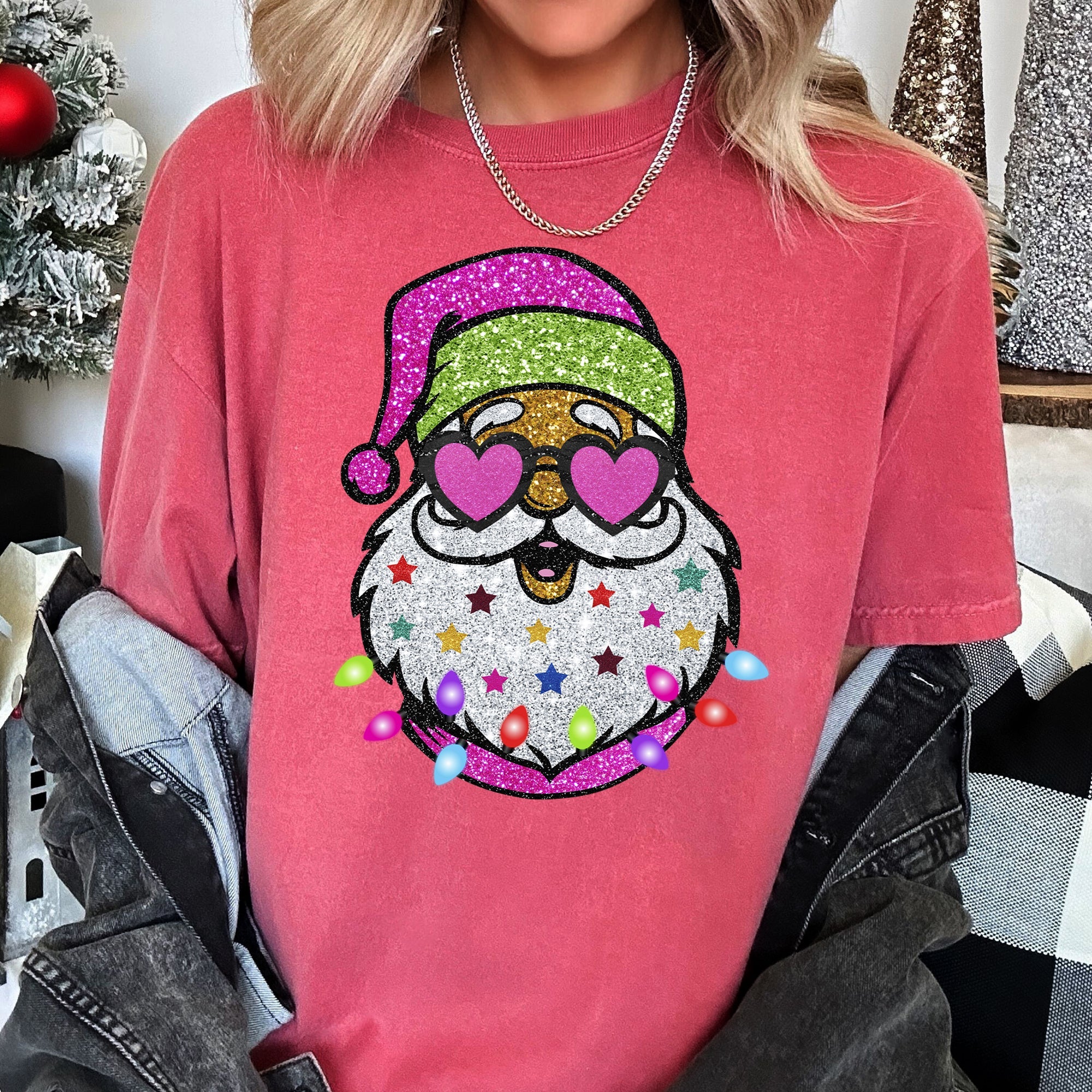 Retro Sparkly Santa Glitter Effect Christmas Vintage Holiday Illustration Comfort Colors Tee