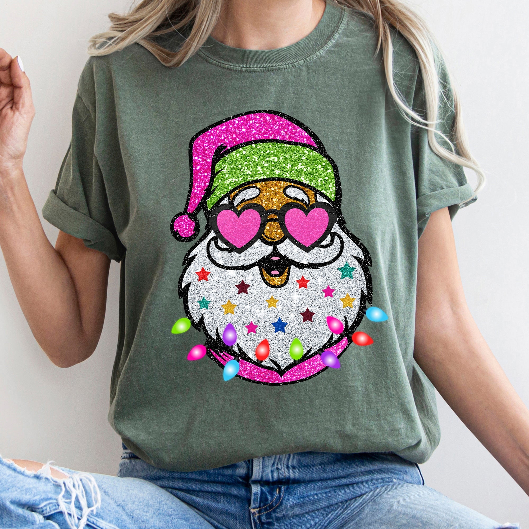 Retro Sparkly Santa Glitter Effect Christmas Vintage Holiday Illustration Comfort Colors Tee