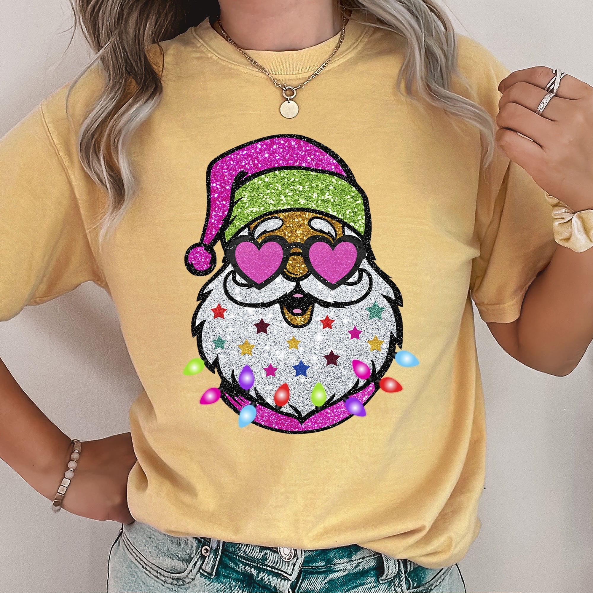 Retro Sparkly Santa Glitter Effect Christmas Vintage Holiday Illustration Comfort Colors Tee