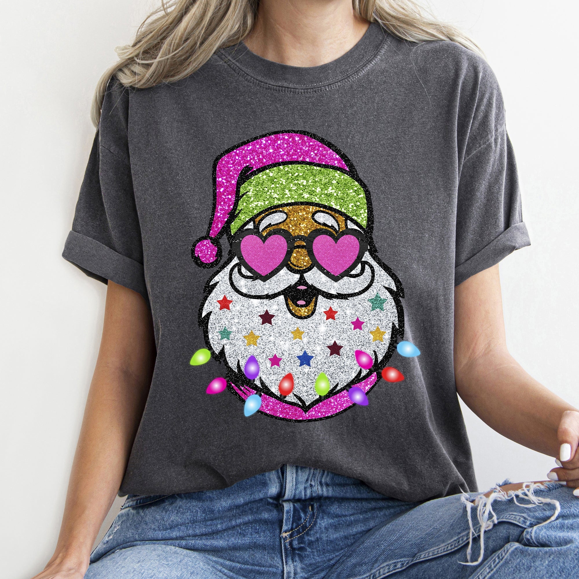 Retro Sparkly Santa Glitter Effect Christmas Vintage Holiday Illustration Comfort Colors Tee