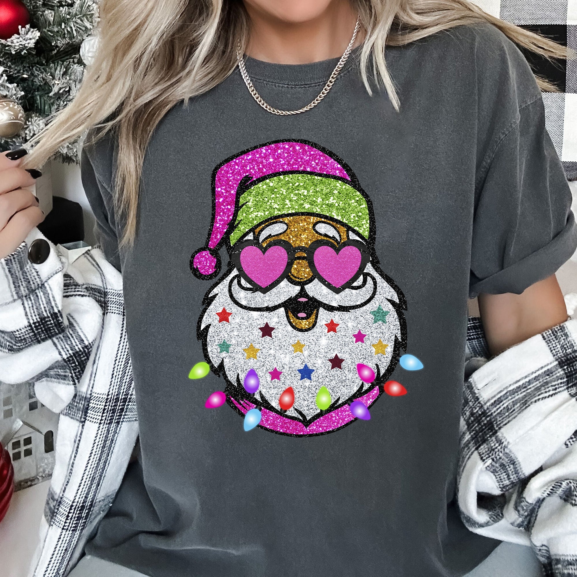 Retro Sparkly Santa Glitter Effect Christmas Vintage Holiday Illustration Comfort Colors Tee