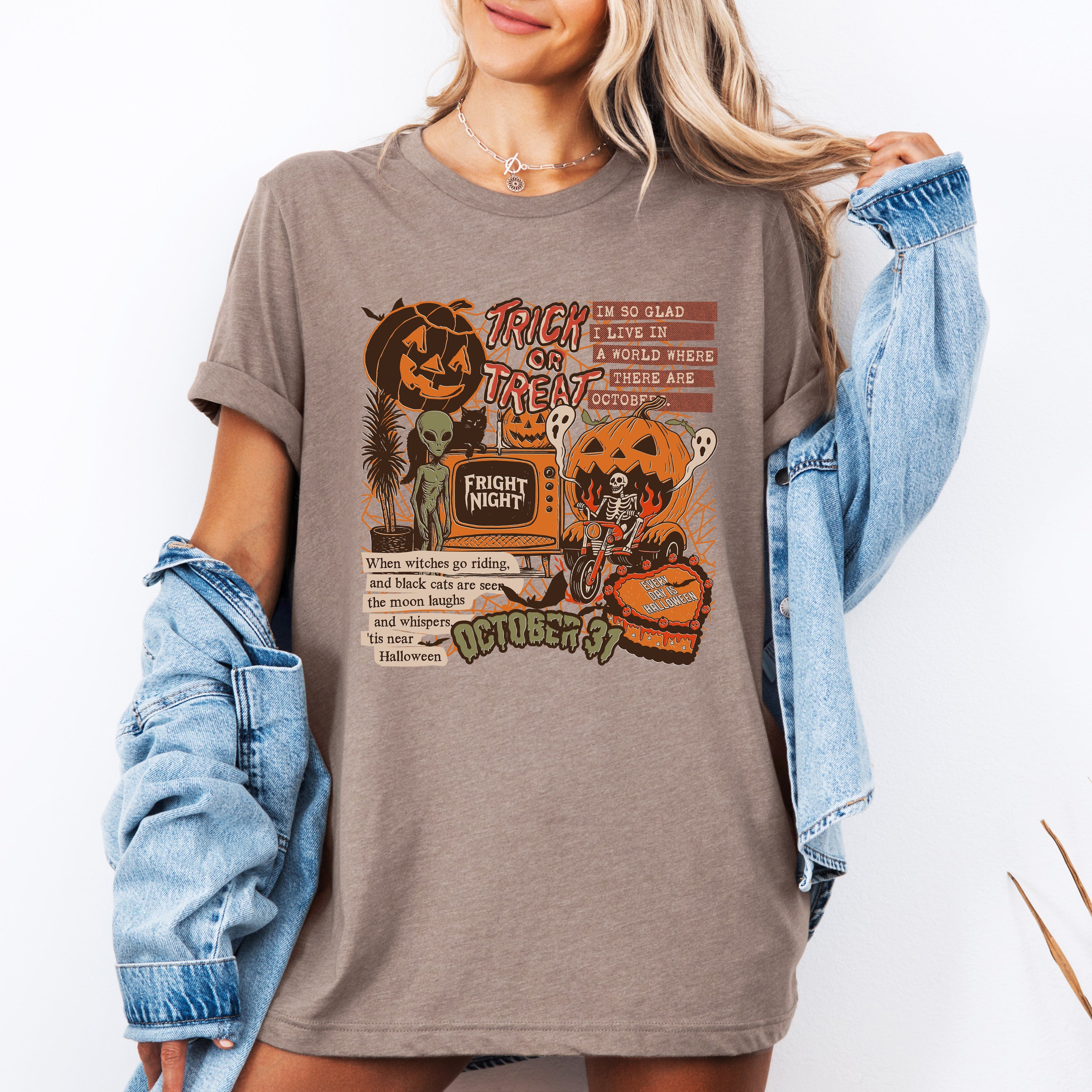 Retro Trick Or Treat Creep Halloween Spooky Vintage Skeleton Night Skull Graphic Tee