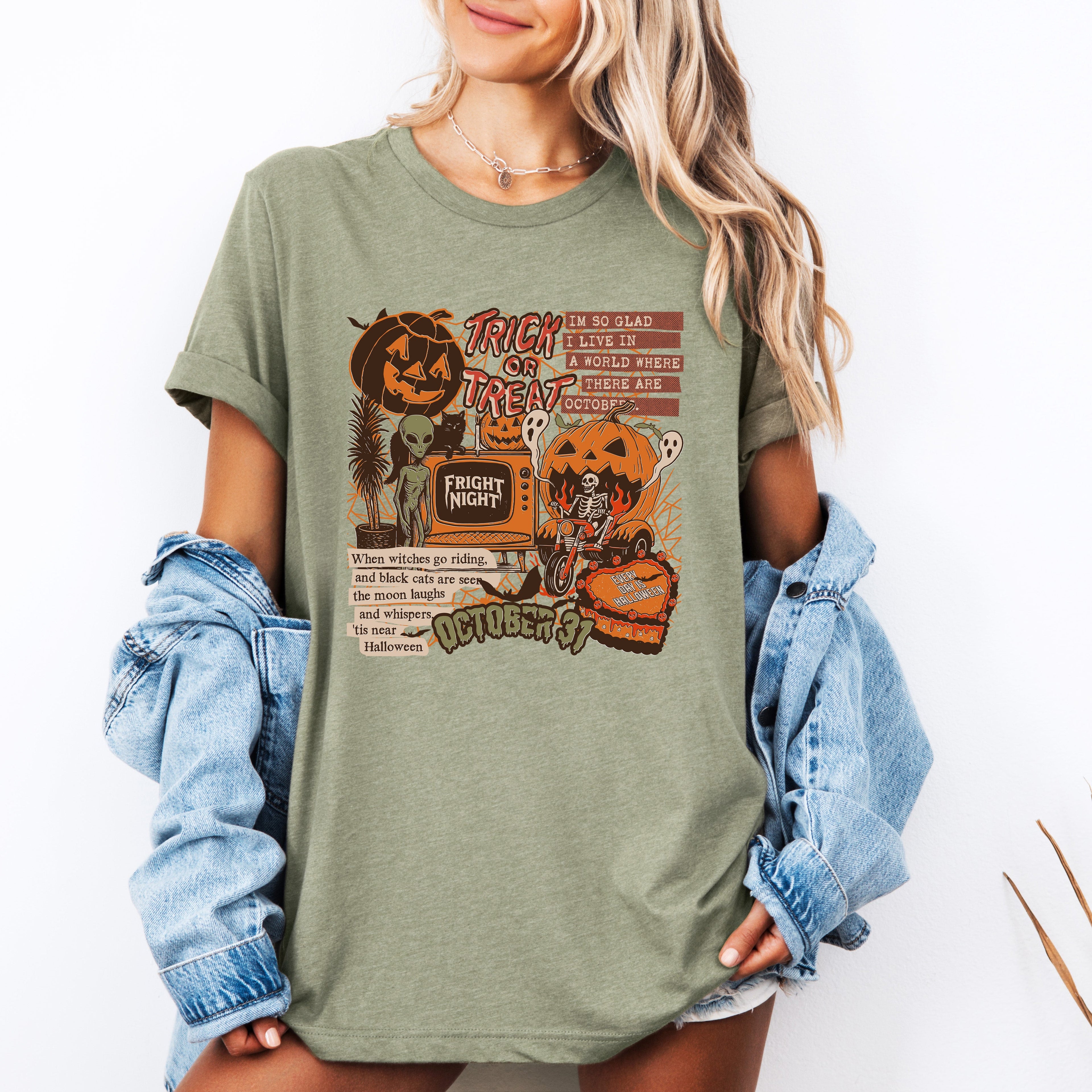 Retro Trick Or Treat Creep Halloween Spooky Vintage Skeleton Night Skull Graphic Tee